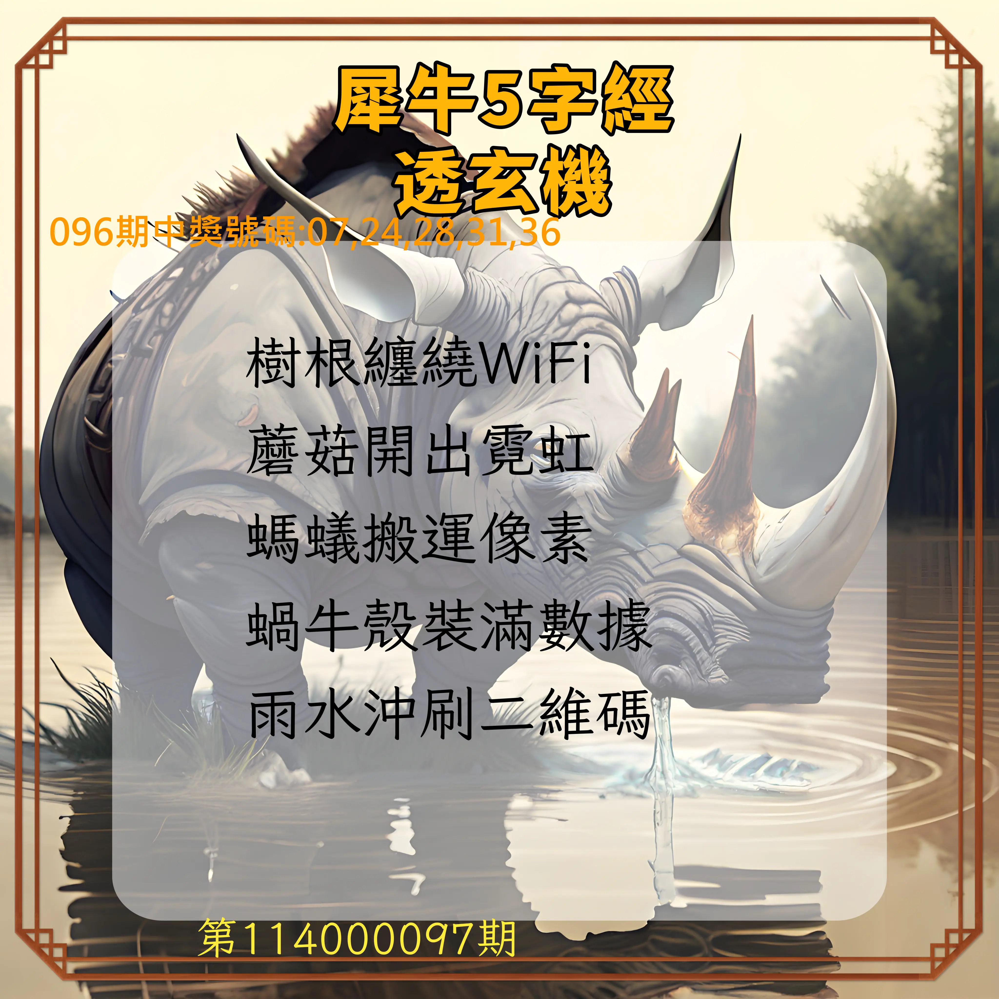 今彩539第114000097期犀牛5字經透玄機