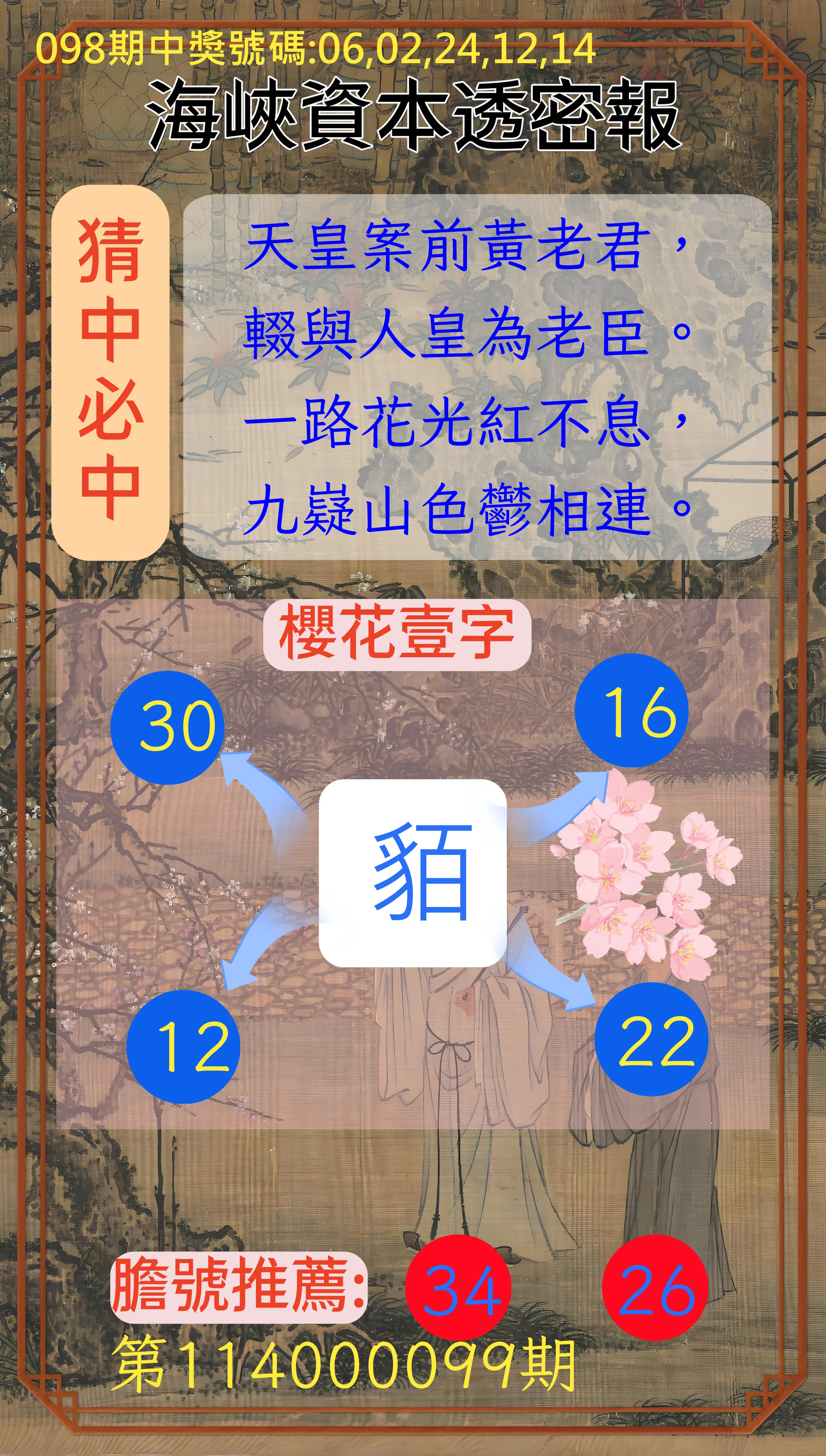 今彩539第114000099期海峽資本透密報