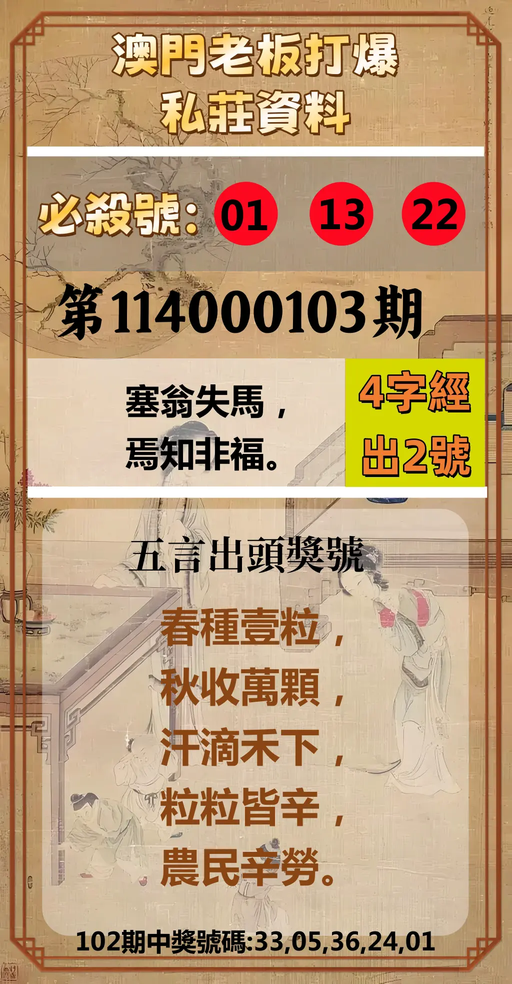 今彩539第114000103期澳門老板打爆私莊資料