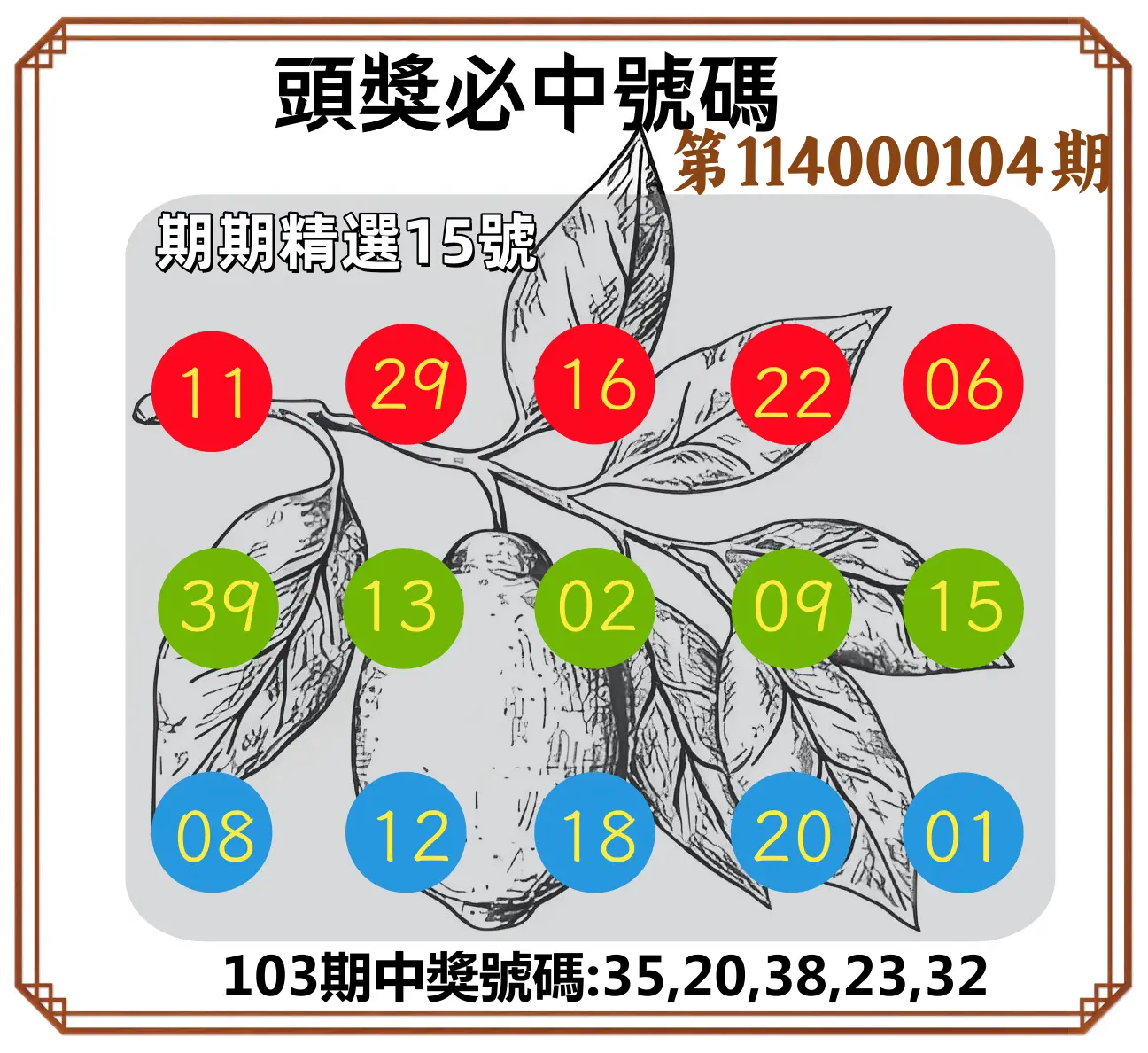 今彩539第114000104期頭獎號碼