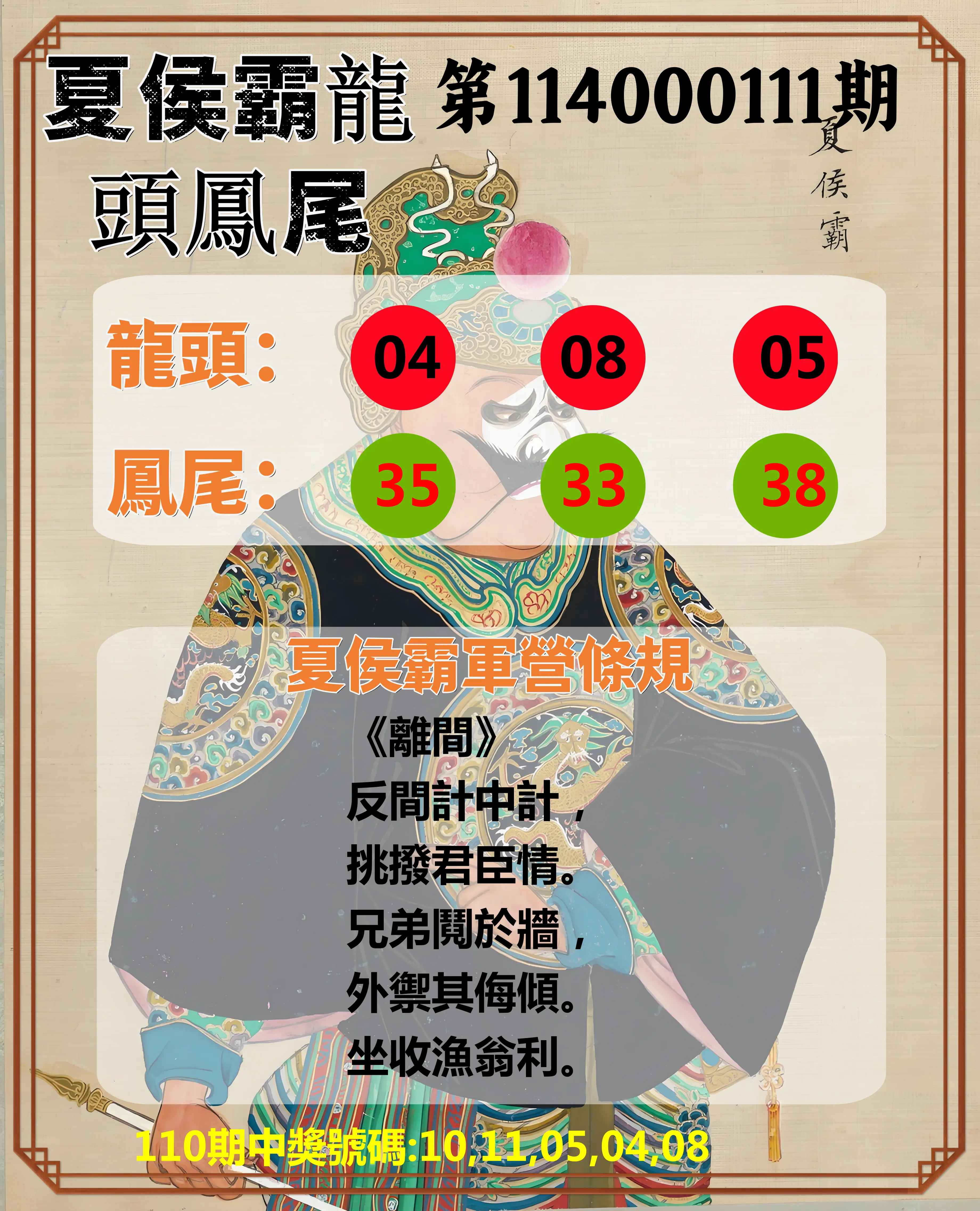 今彩539第114000111期夏侯霸龍頭鳳尾