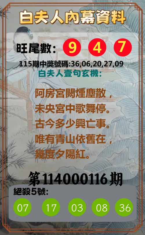 今彩539第114000116期白夫人內幕資料