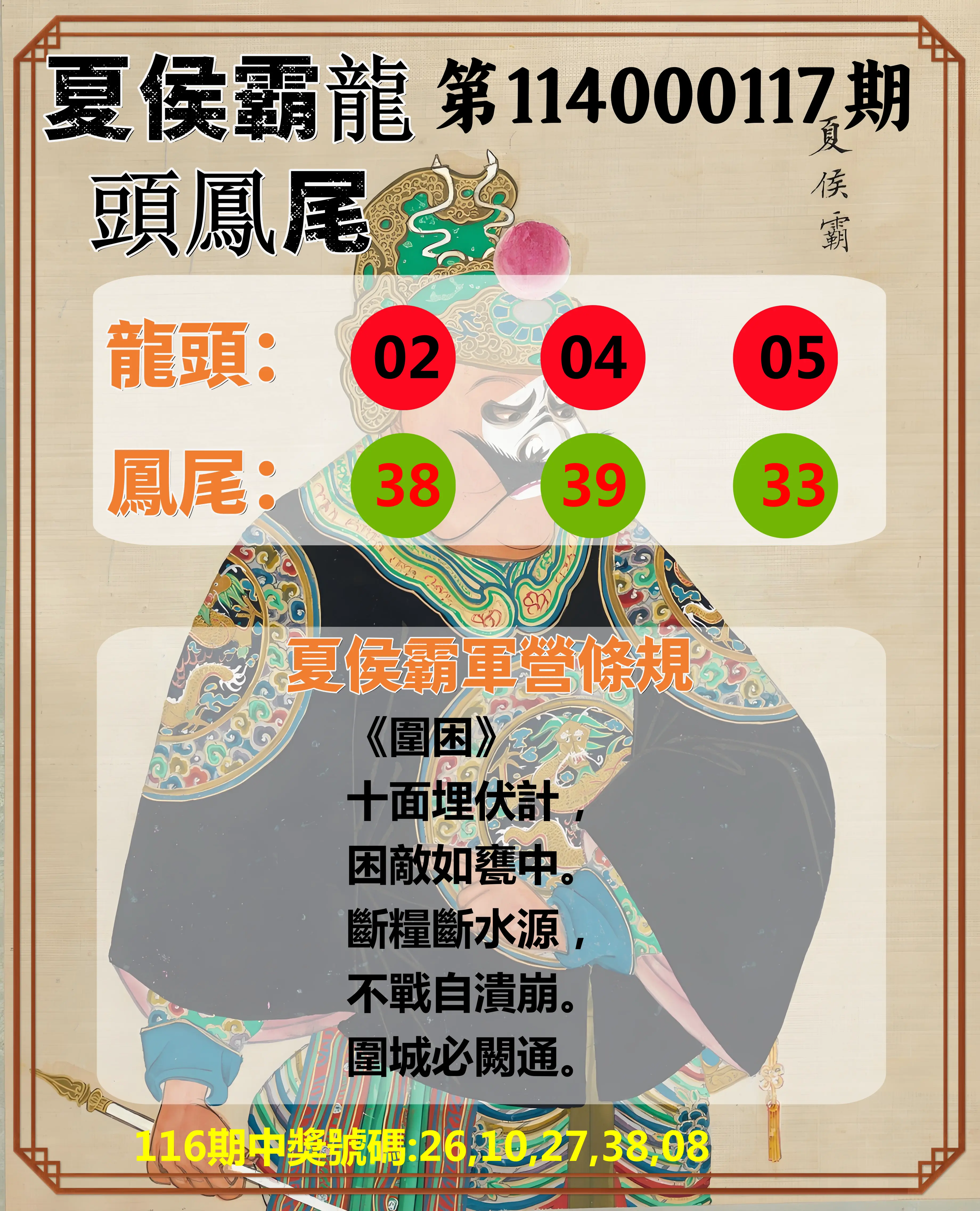 今彩539第114000117期夏侯霸龍頭鳳尾