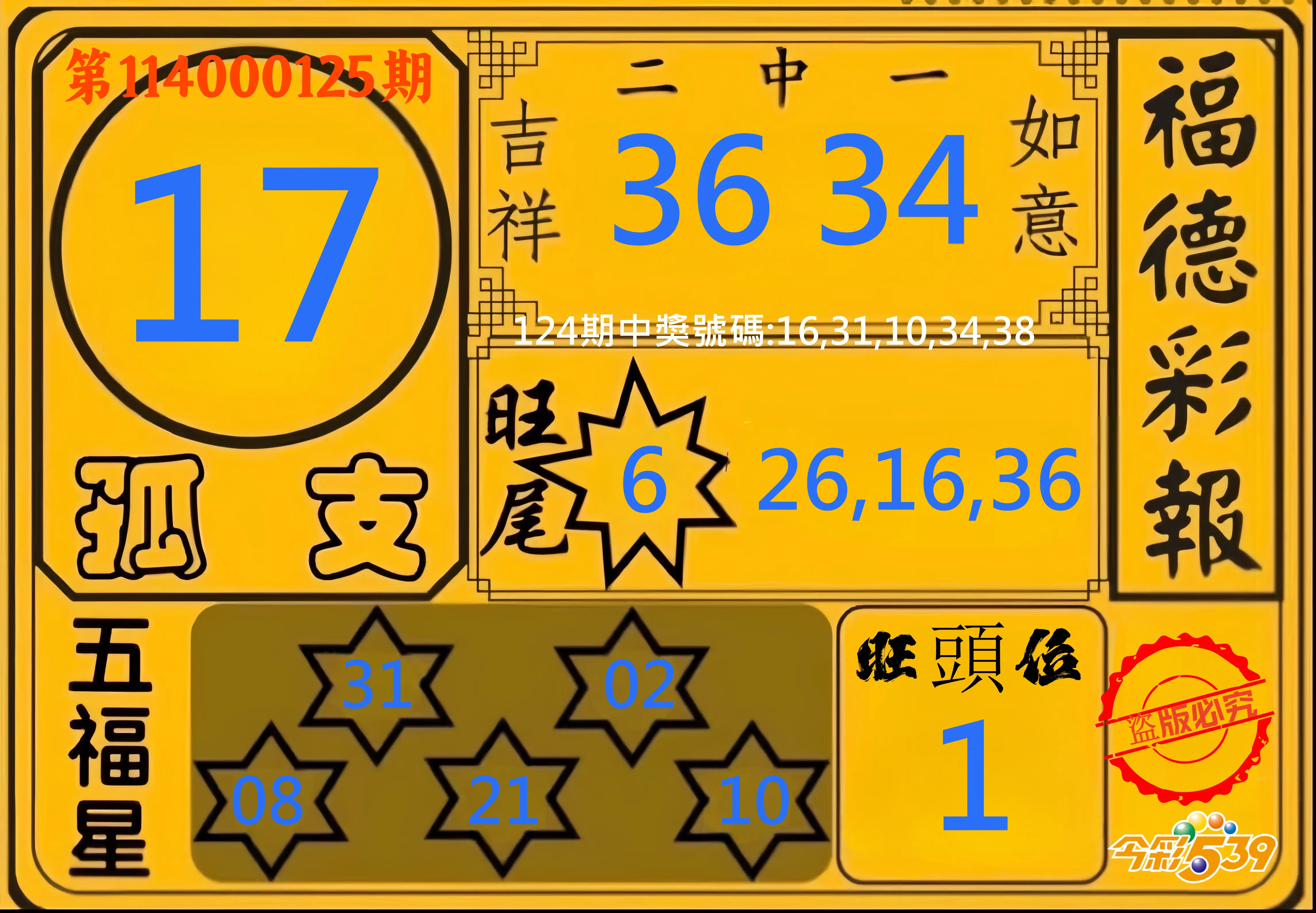 今彩539第114000125期今彩539德福彩報牌預測