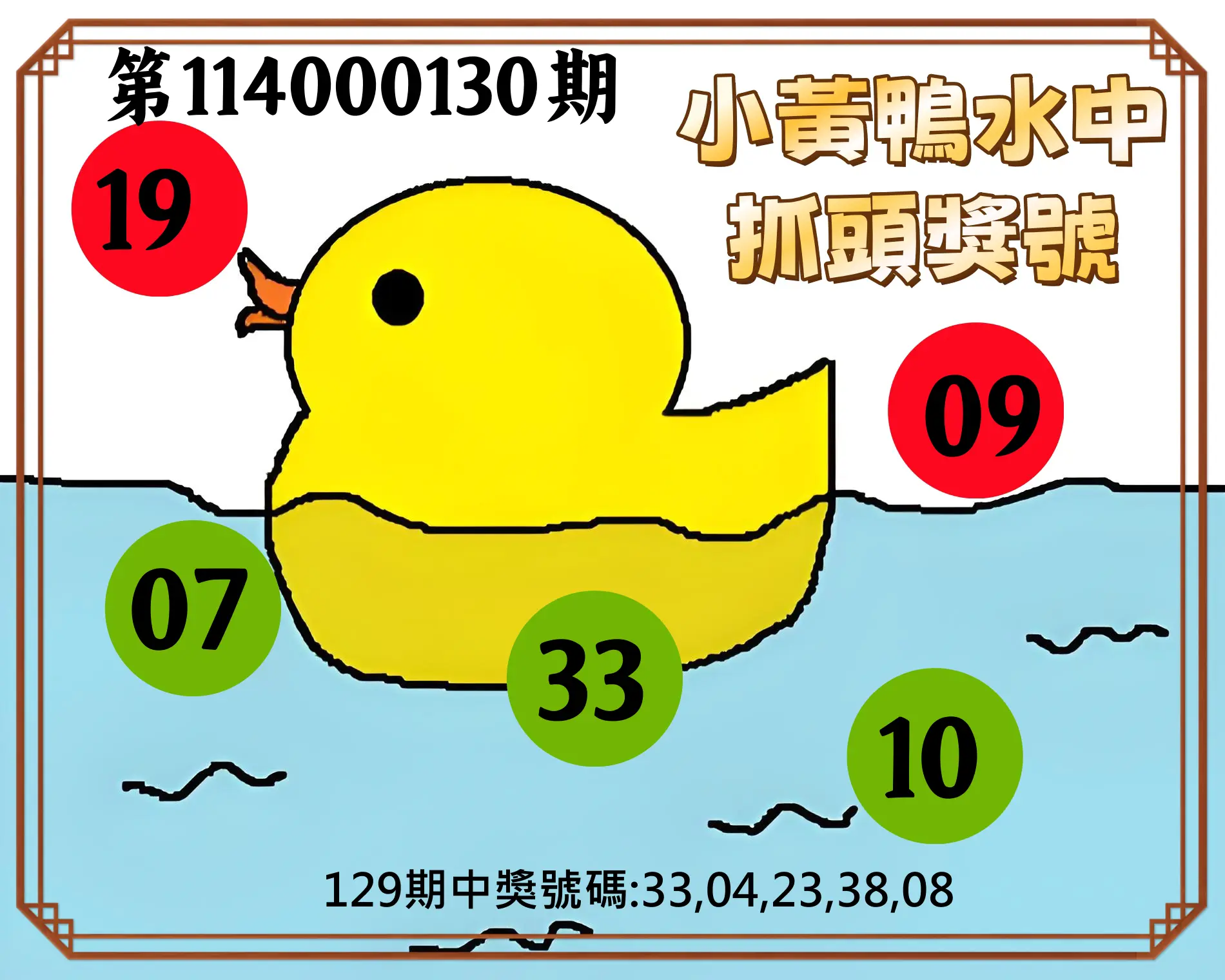 今彩539第114000130期小黃鴨水中抓頭獎號