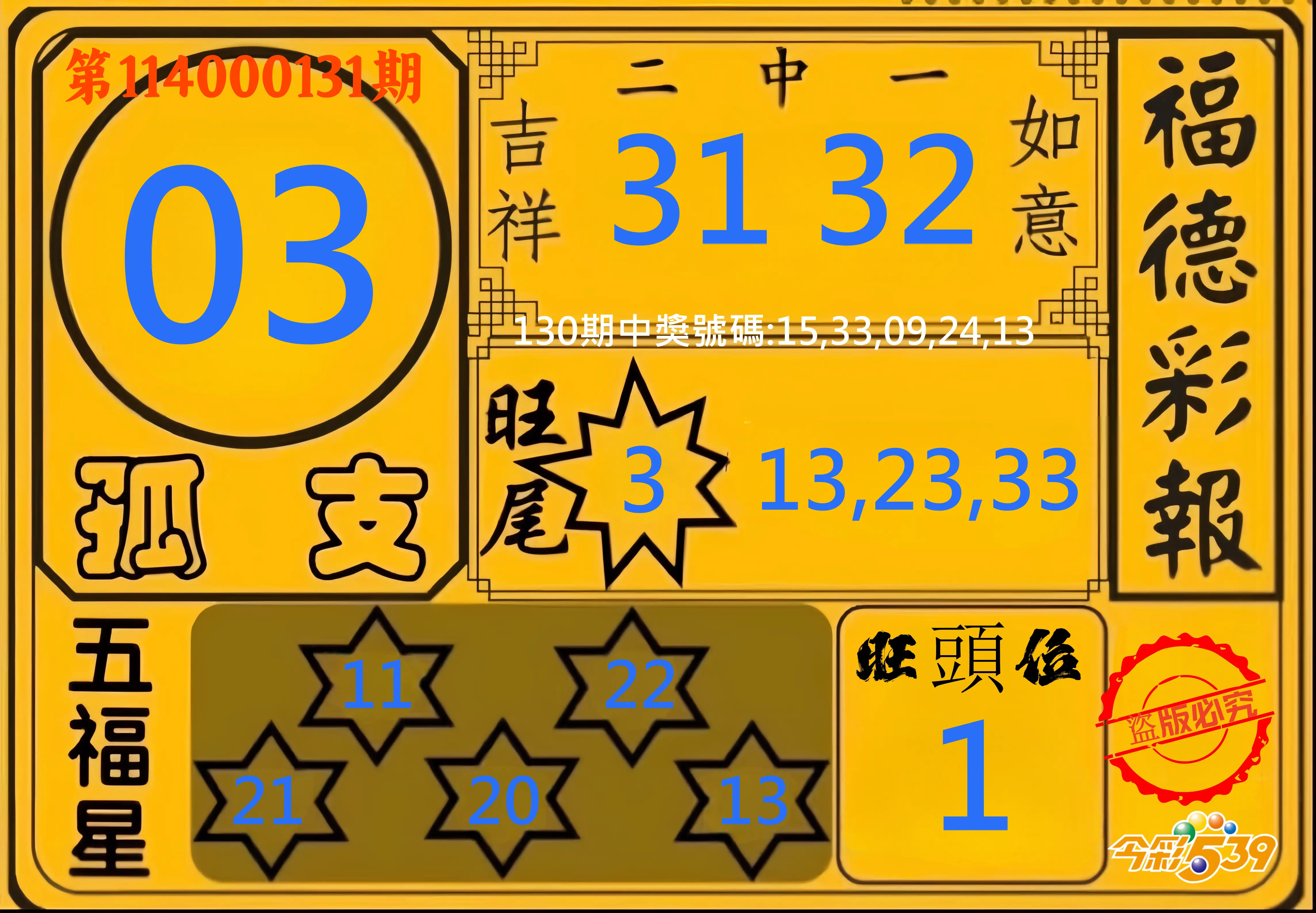 今彩539第114000131期今彩539德福彩報牌預測