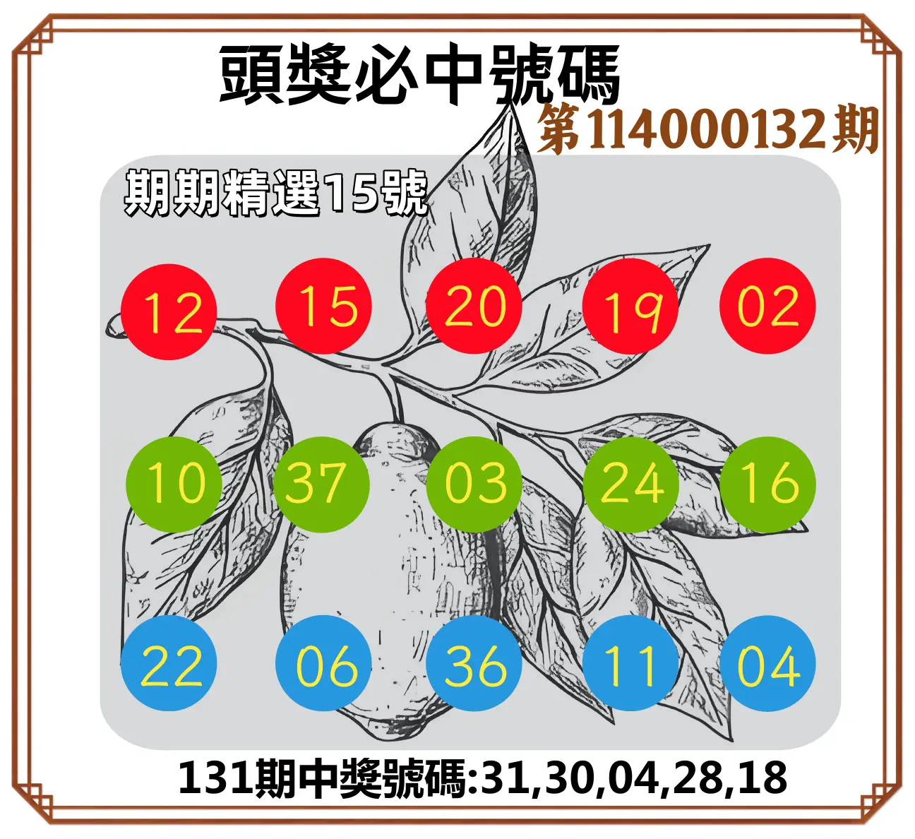 今彩539第114000132期頭獎號碼