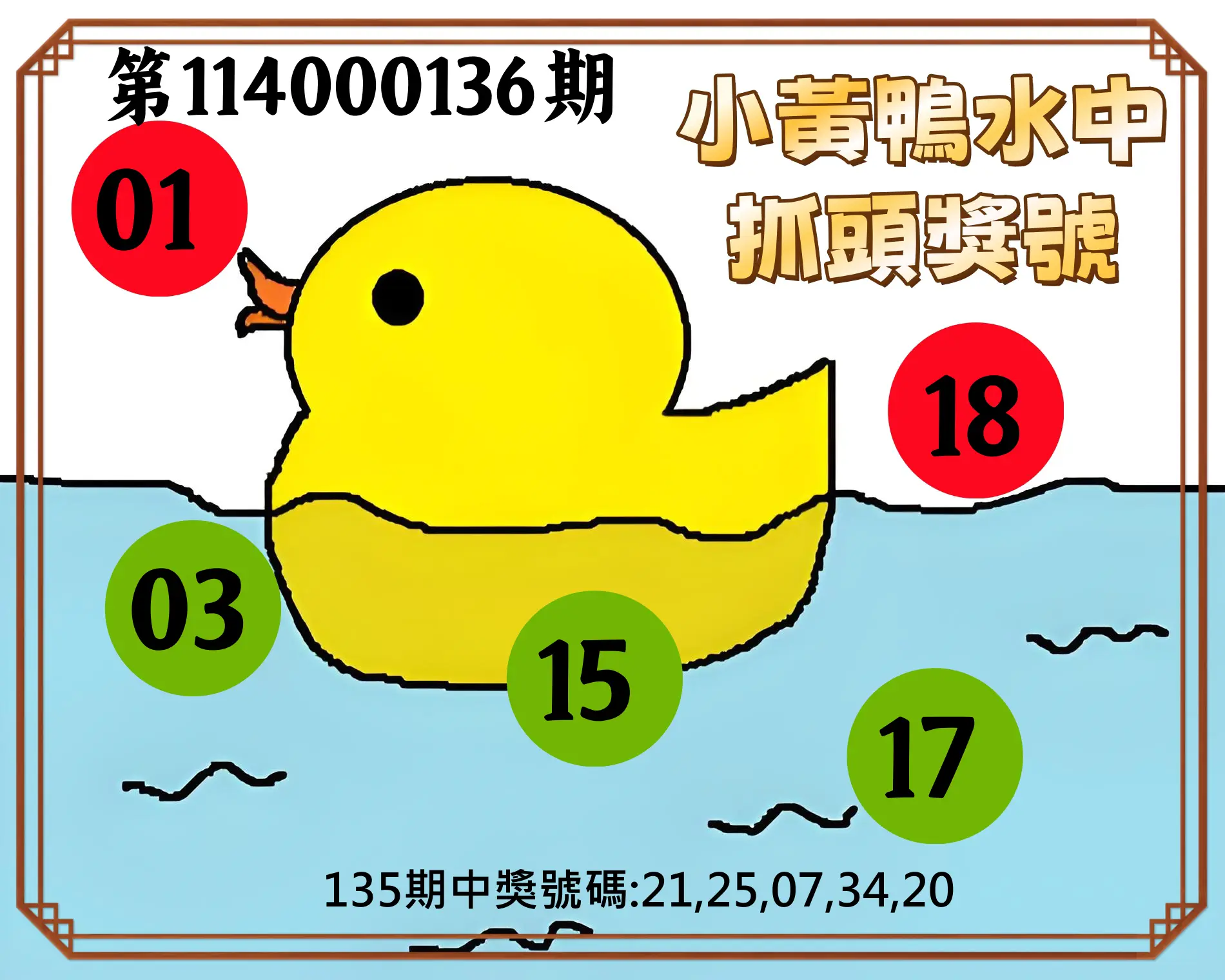 今彩539第114000136期小黃鴨水中抓頭獎號