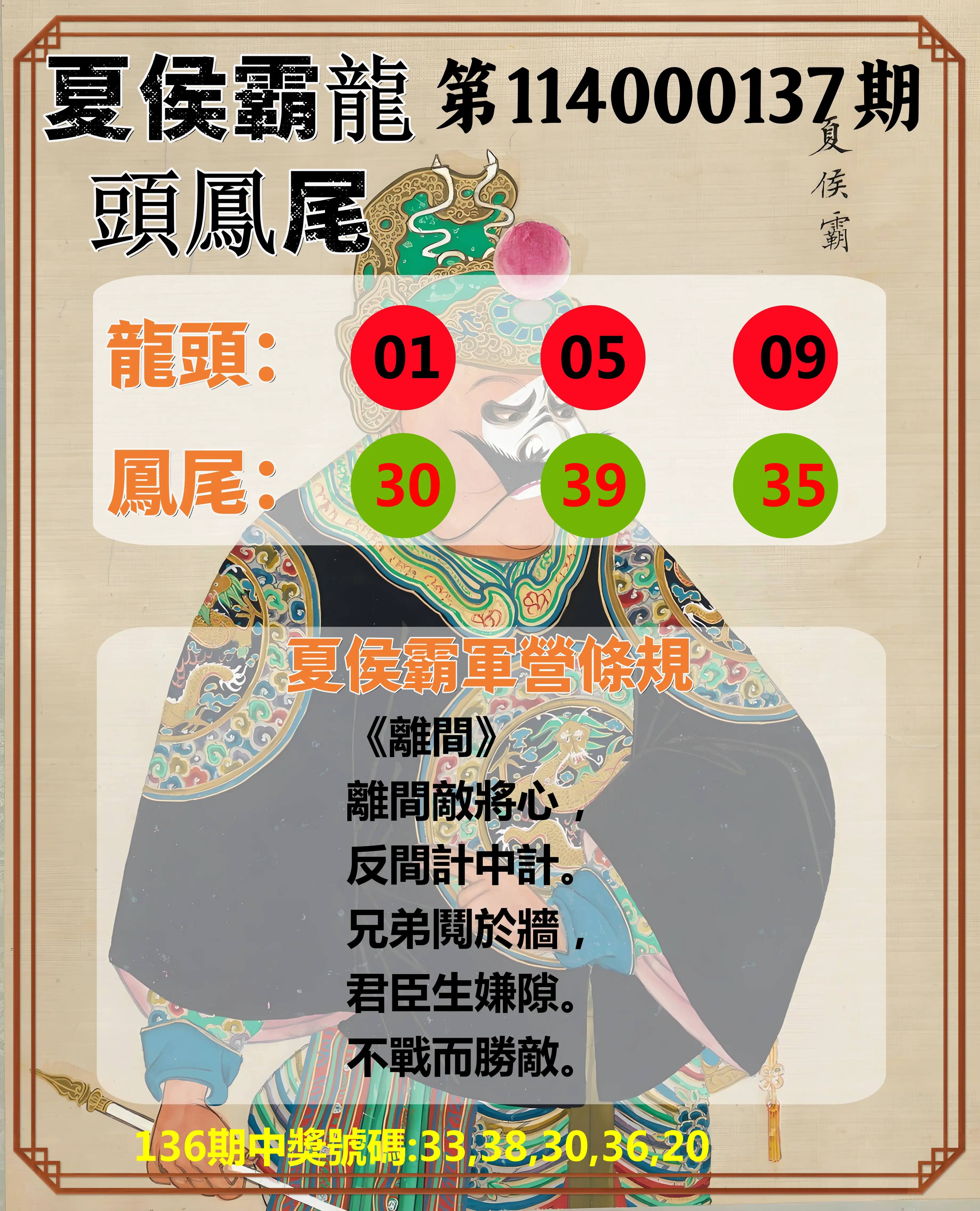 今彩539第114000137期夏侯霸龍頭鳳尾