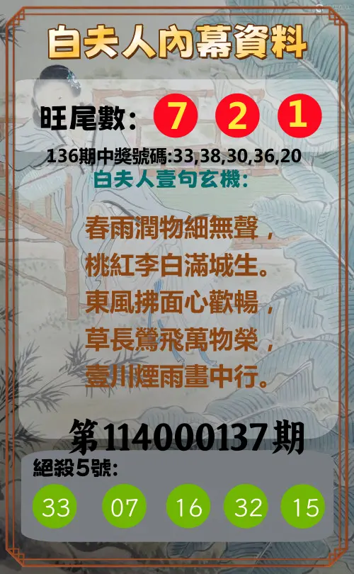 今彩539第114000137期白夫人內幕資料