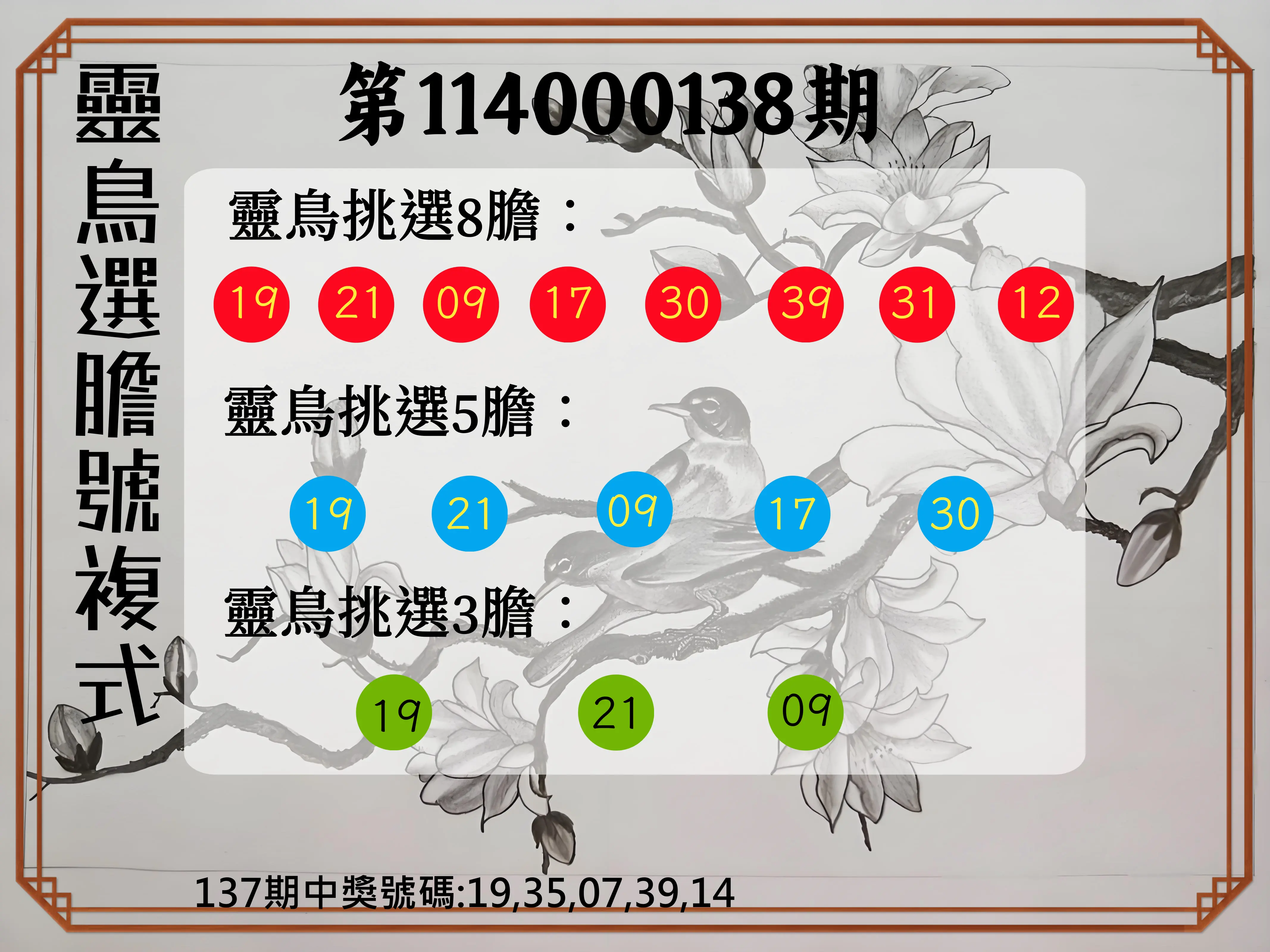 今彩539第114000138期靈鳥選膽號複式