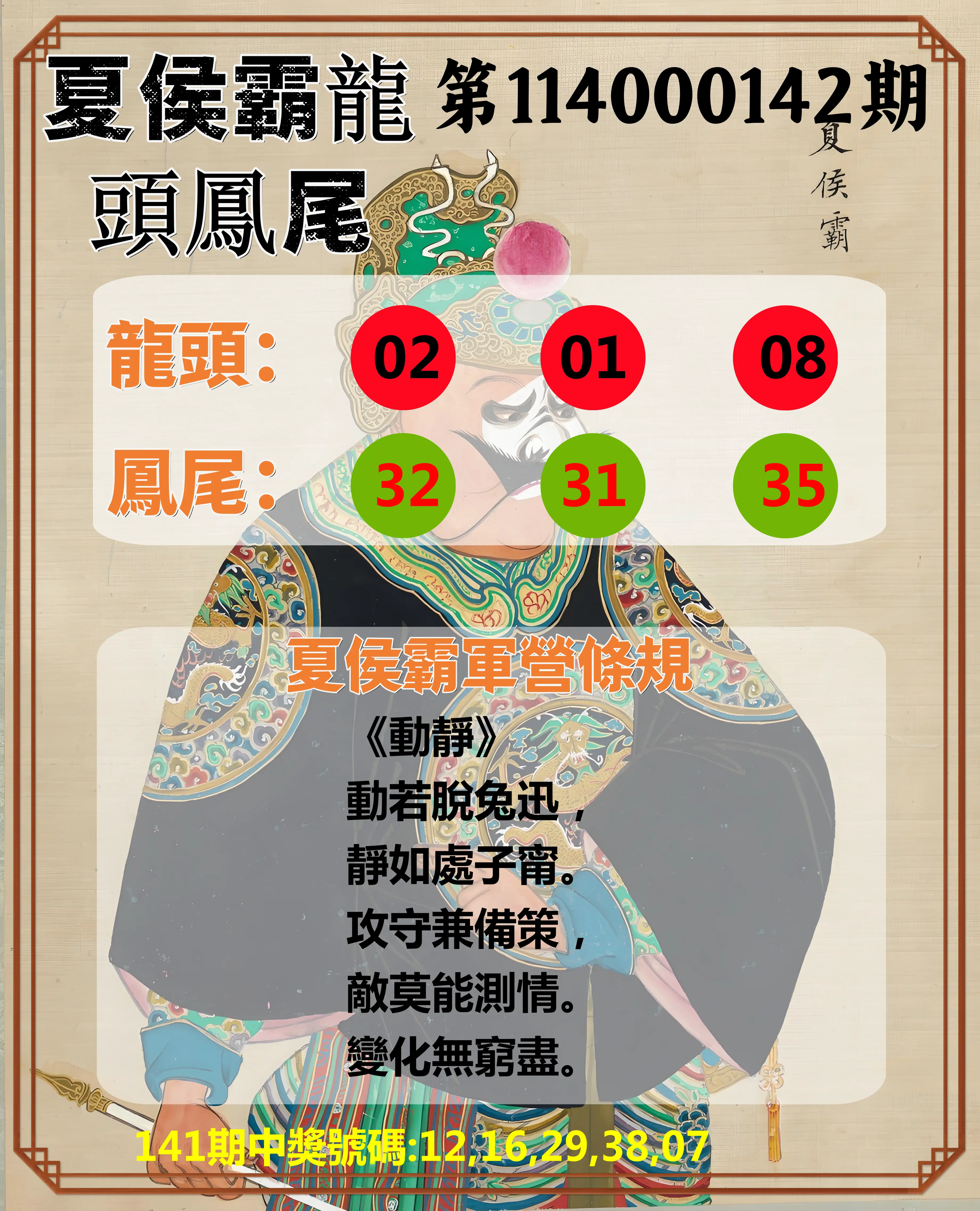 今彩539第114000142期夏侯霸龍頭鳳尾