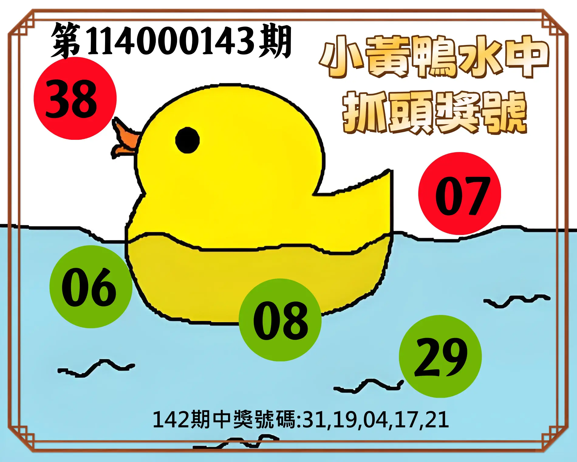 今彩539第114000143期小黃鴨水中抓頭獎號