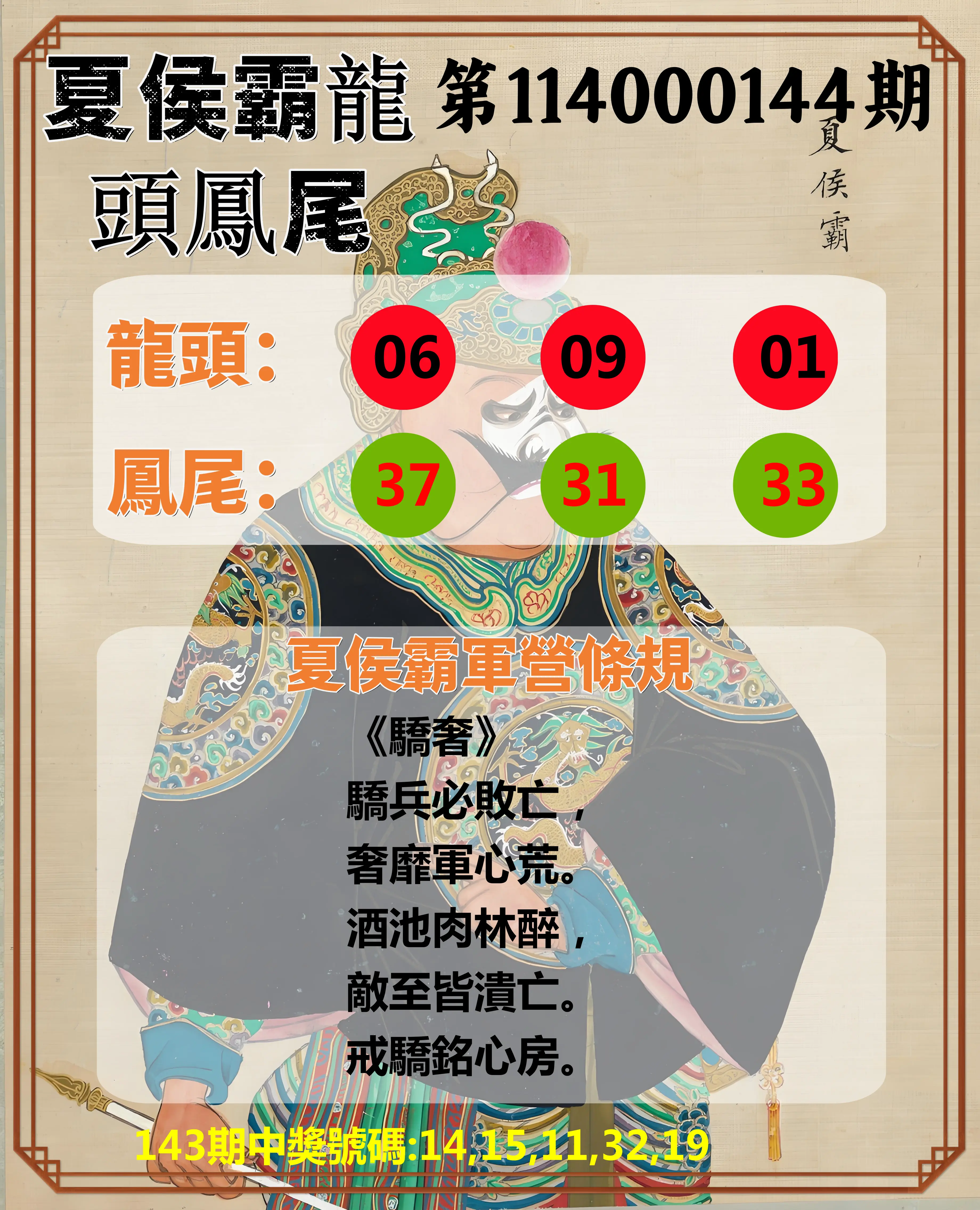今彩539第114000144期夏侯霸龍頭鳳尾