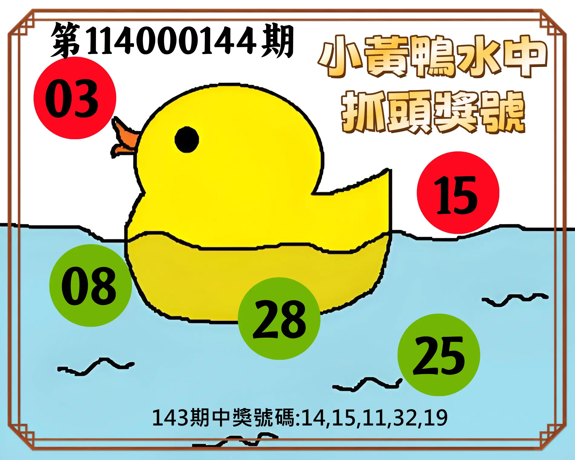 今彩539第114000144期小黃鴨水中抓頭獎號