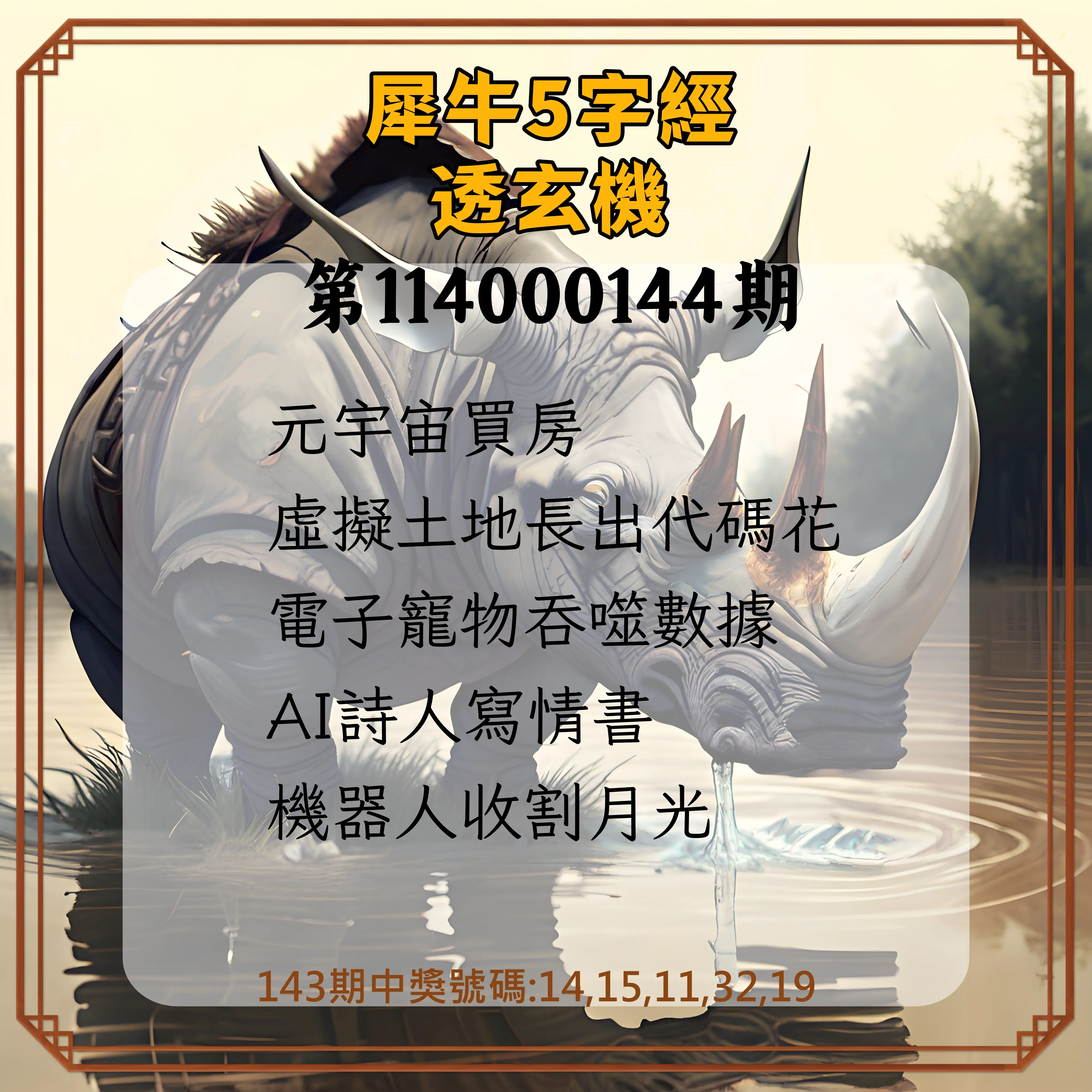 今彩539第114000144期犀牛5字經透玄機