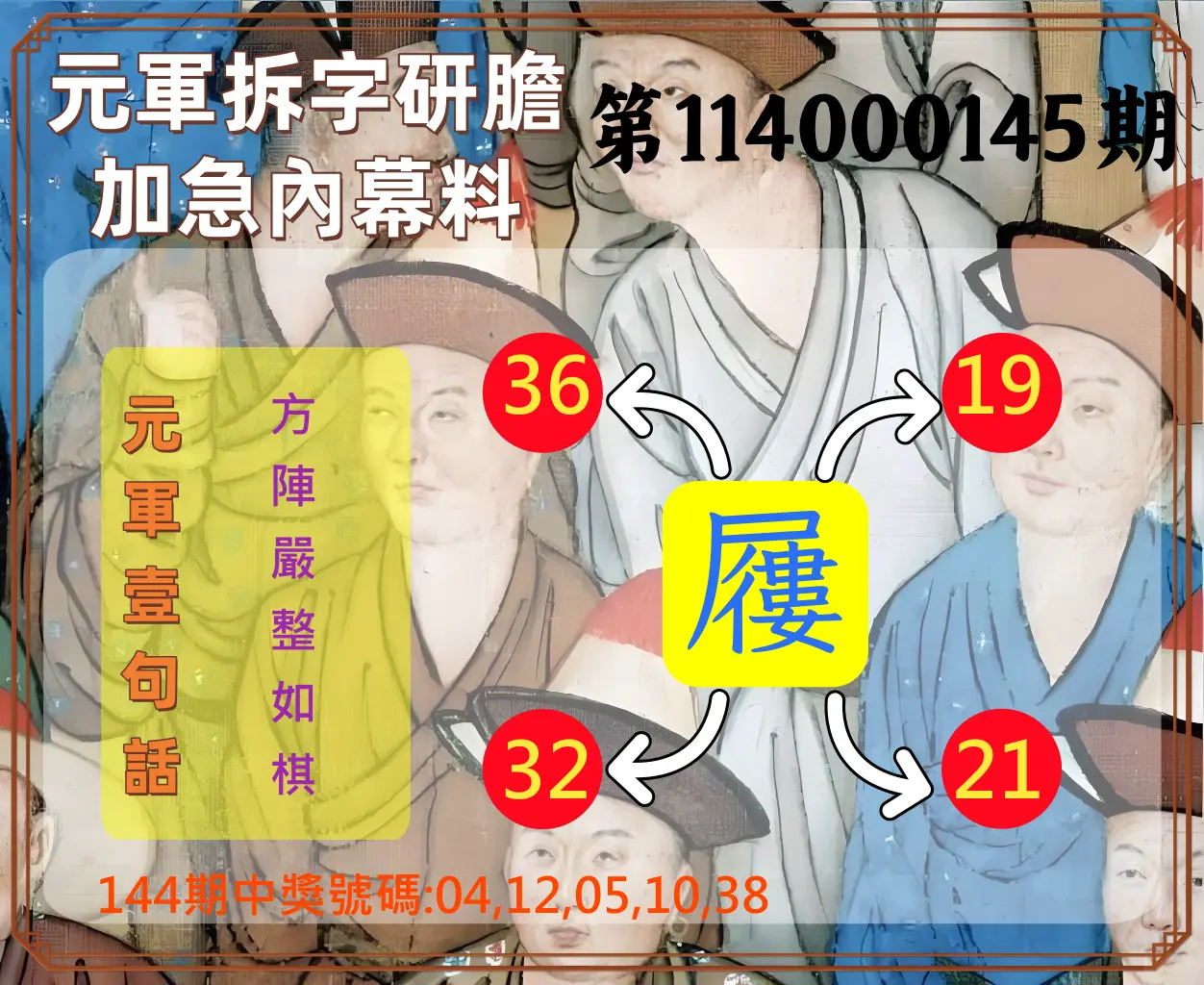 今彩539第114000145期元軍拆字研膽加急內幕料