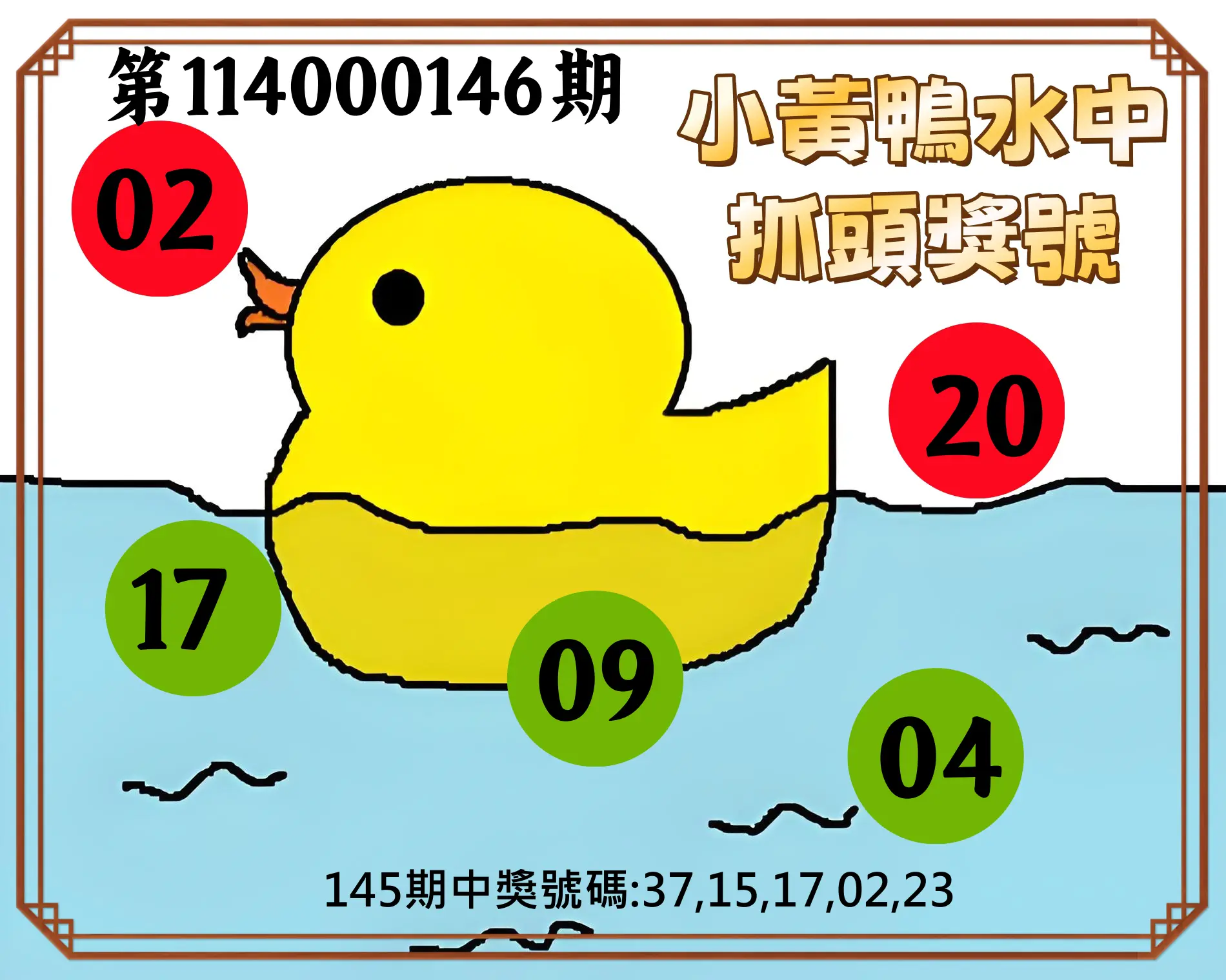 今彩539第114000146期小黃鴨水中抓頭獎號