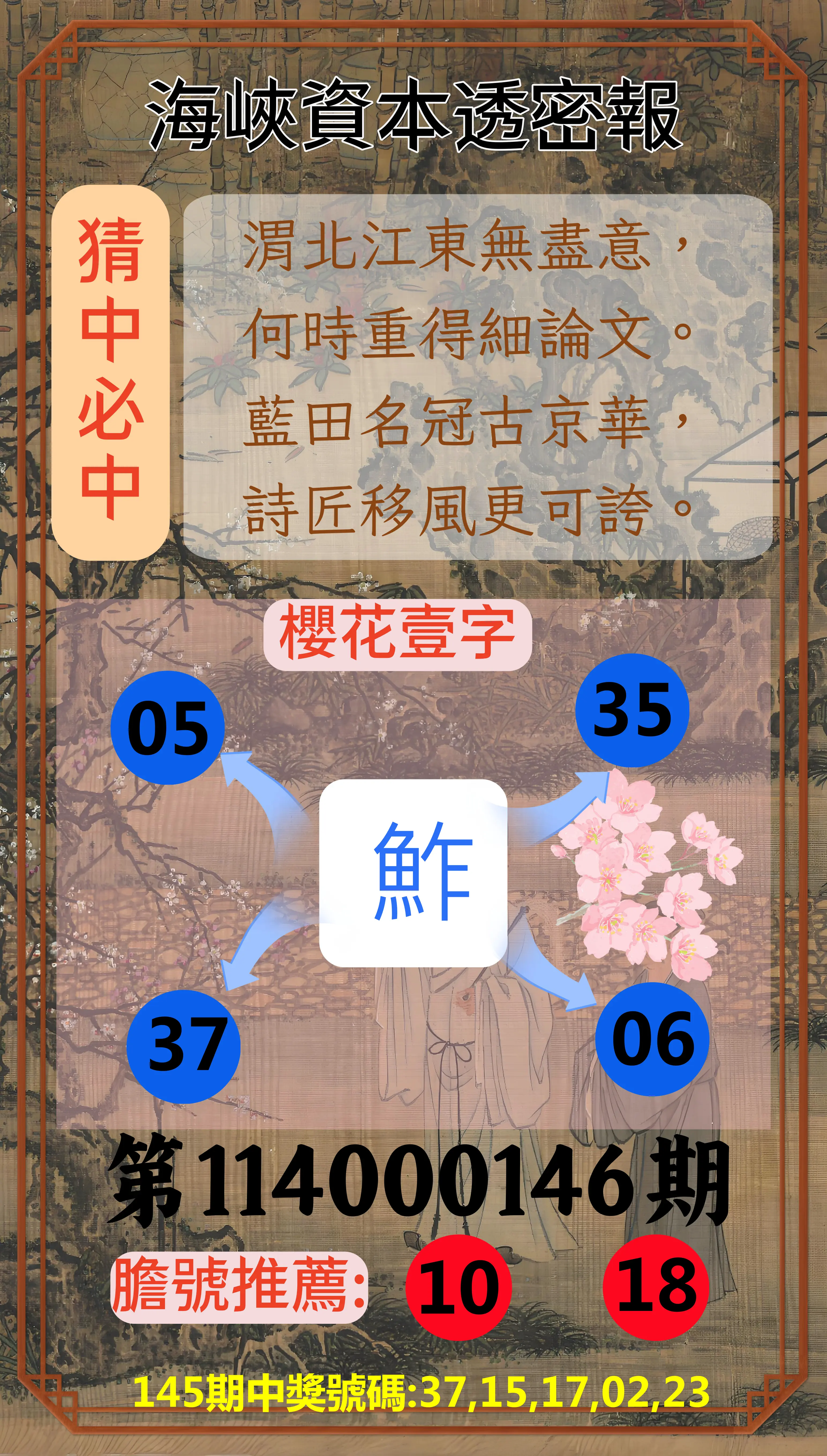 今彩539第114000146期海峽資本透密報