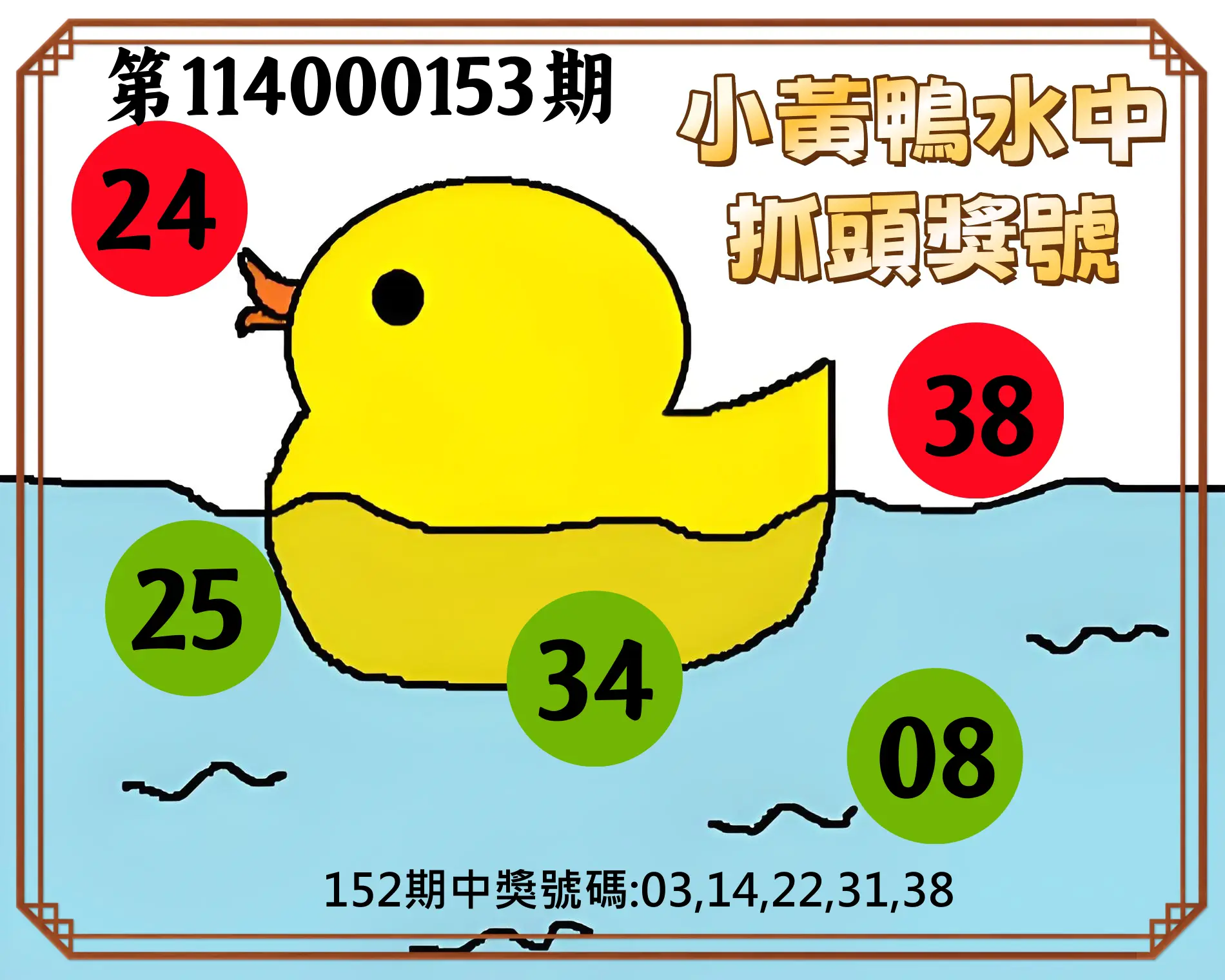 今彩539第114000153期小黃鴨水中抓頭獎號