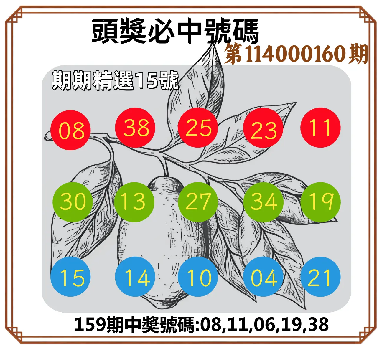 今彩539第114000160期(07/03)頭獎號碼
