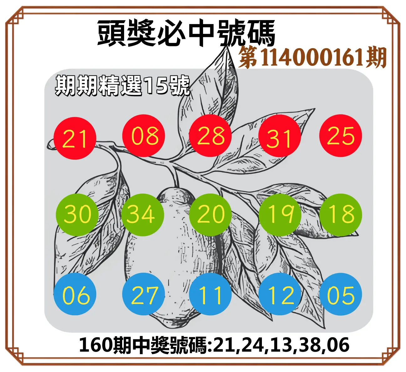 今彩539第114000161期(07/04)頭獎號碼