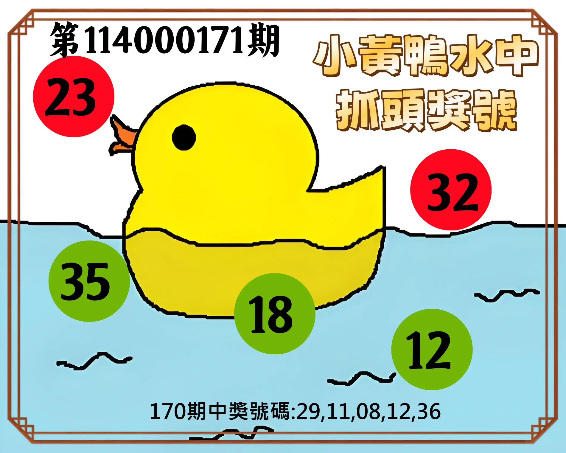 今彩539第114000171期(07/15)小黃鴨水中抓頭獎號