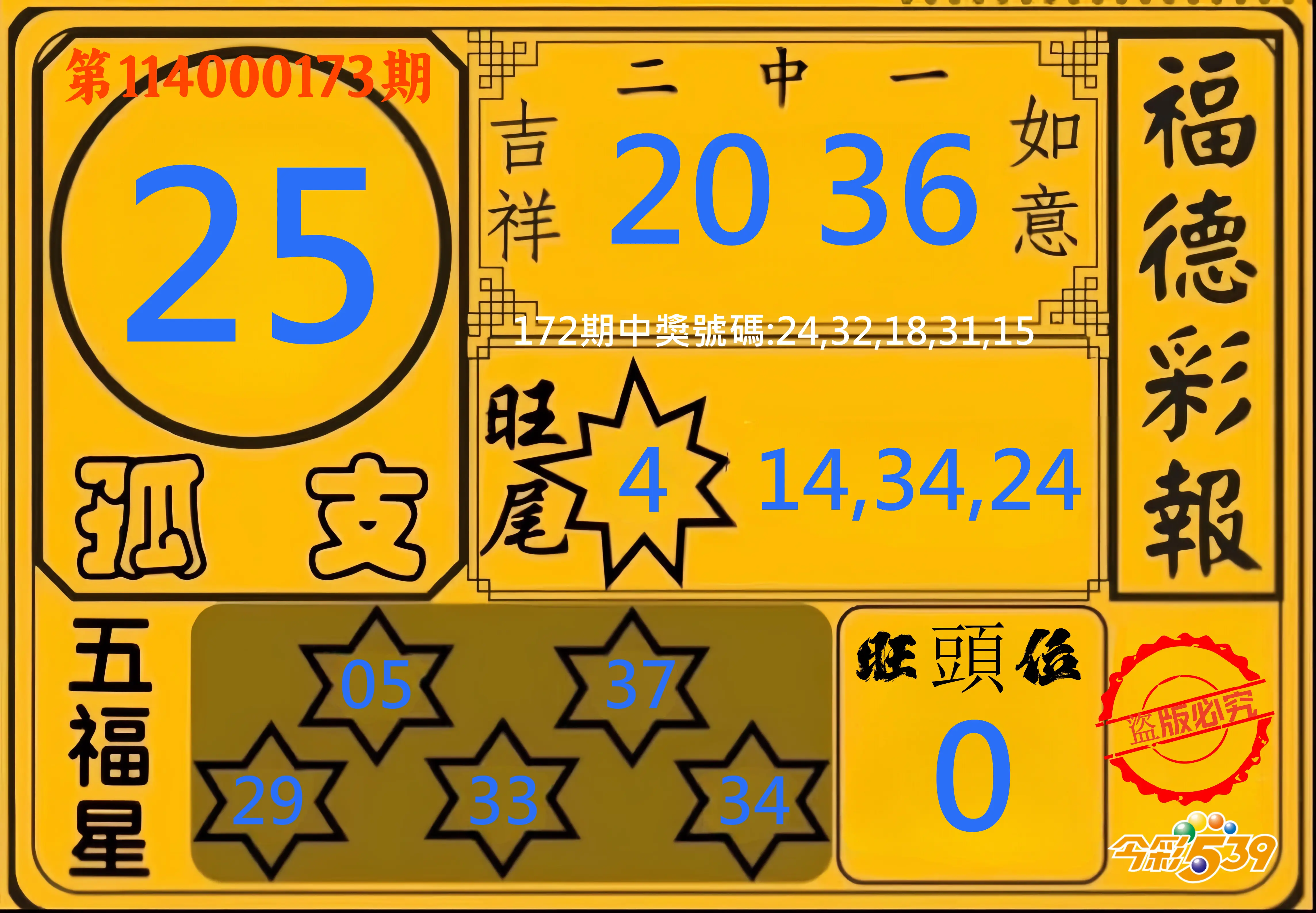 今彩539第114000173期(07/17)今彩539德福彩報牌預測
