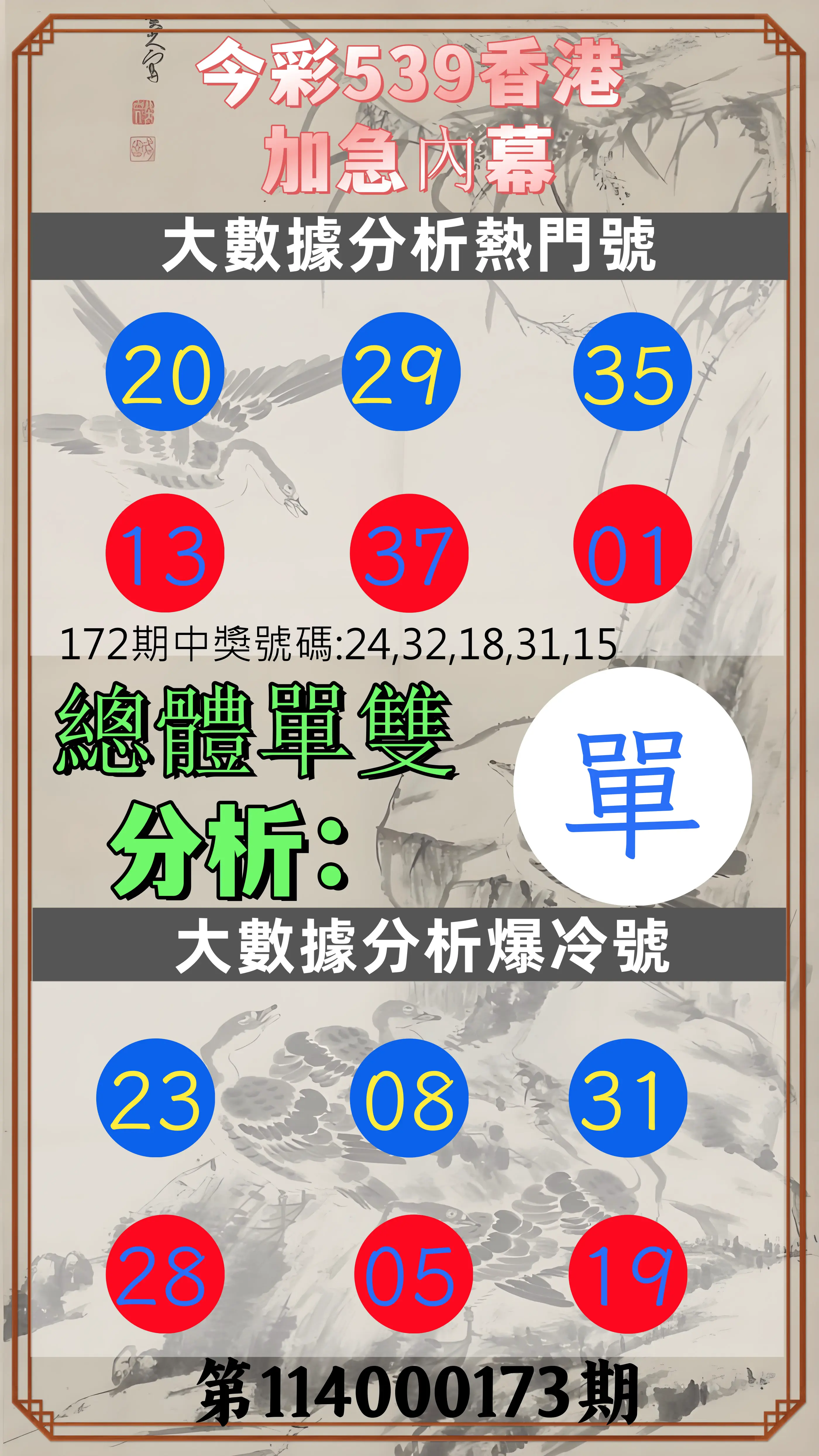 今彩539第114000173期(07/17)今彩539香港加急內幕