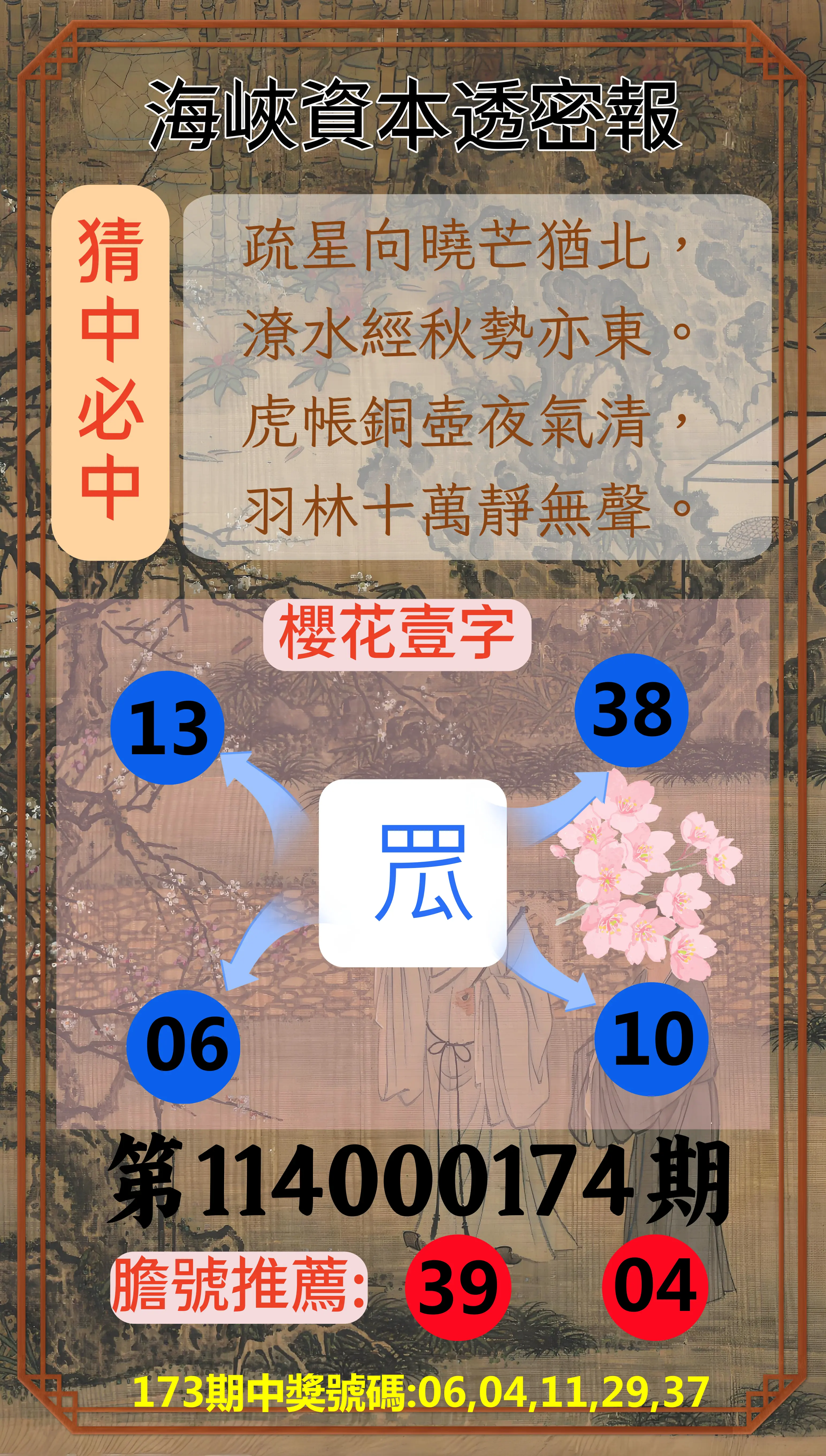 今彩539第114000174期(07/18)海峽資本透密報