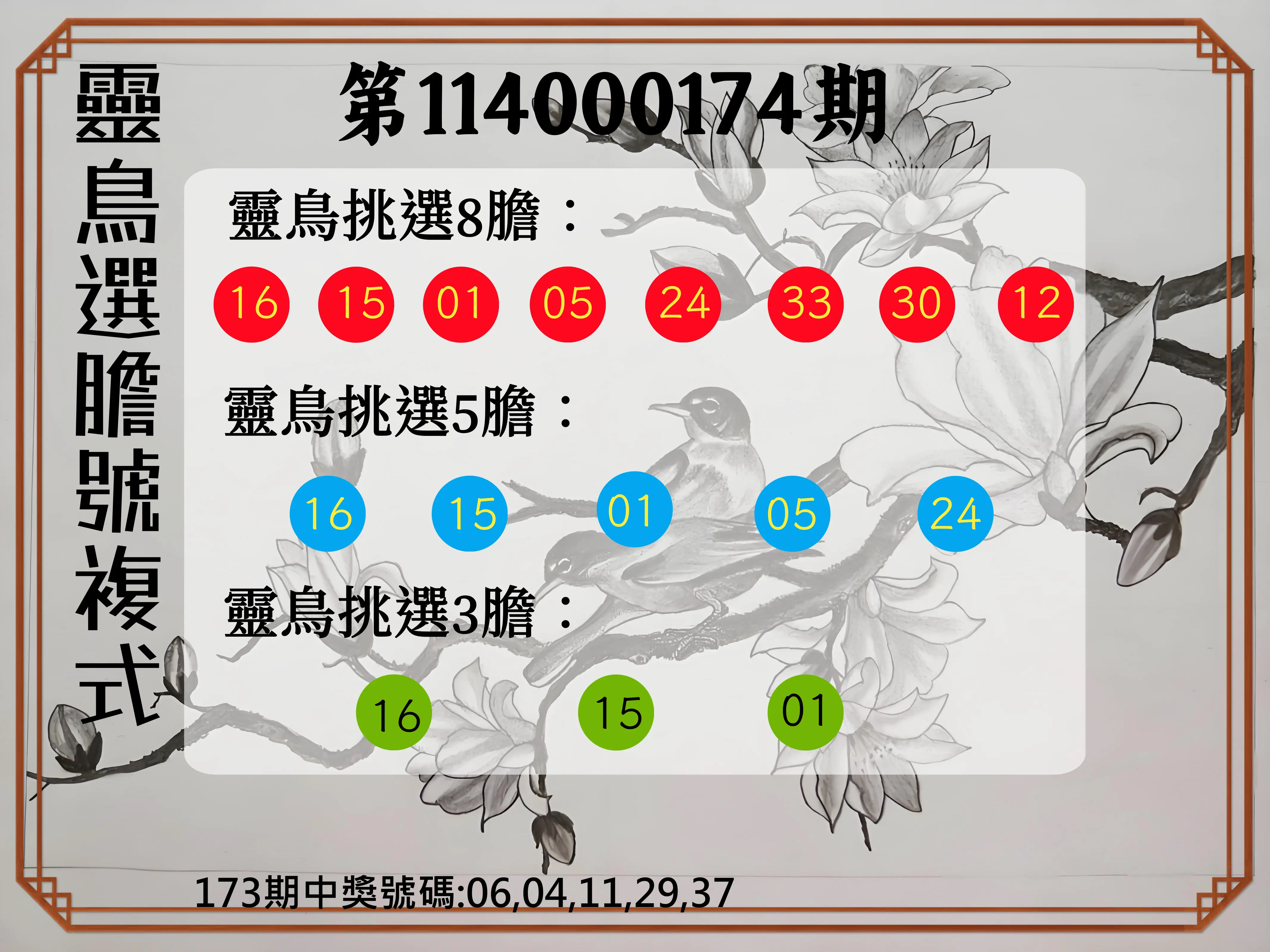 今彩539第114000174期(07/18)靈鳥選膽號複式