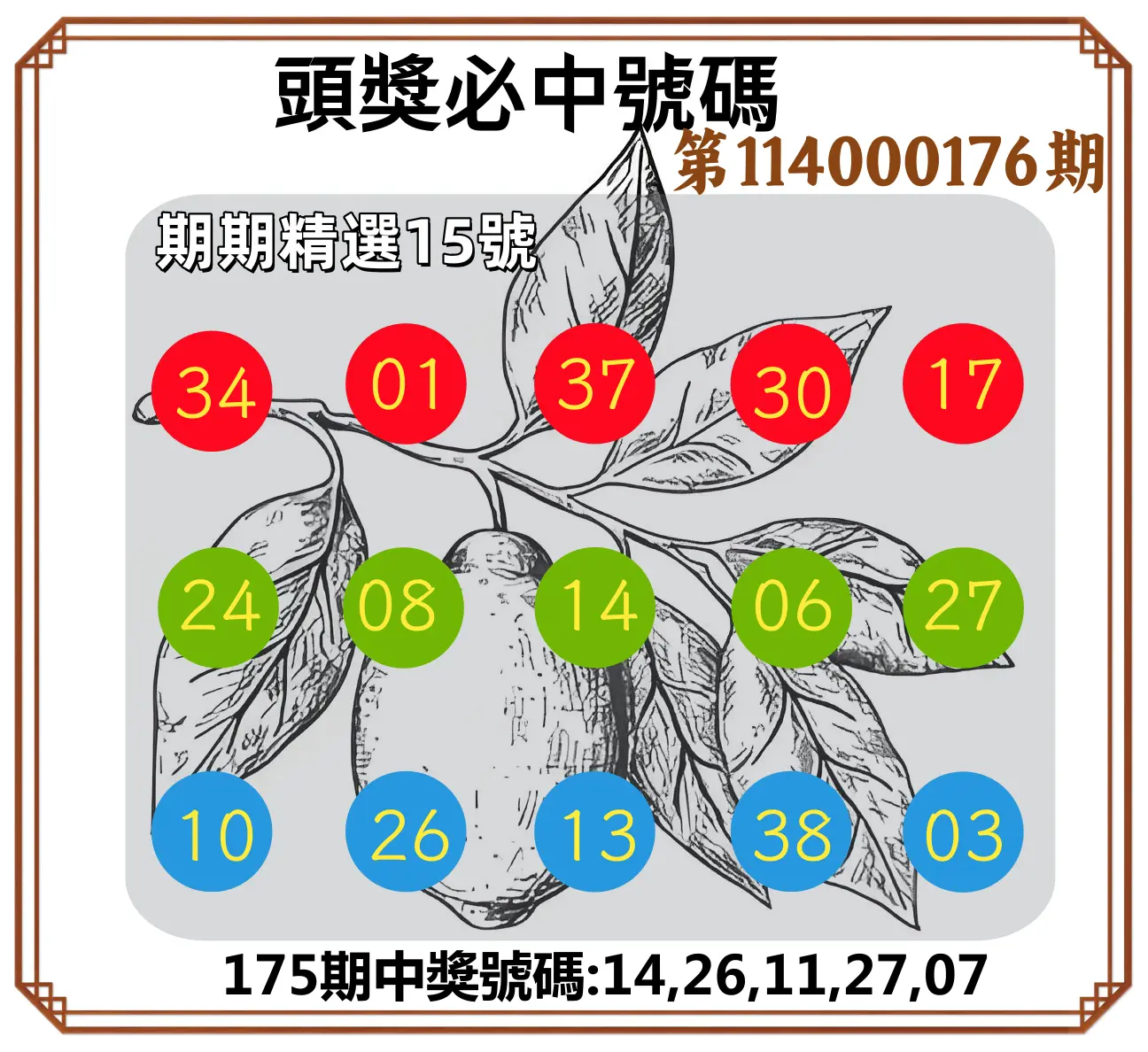 今彩539第114000176期(07/21)頭獎號碼
