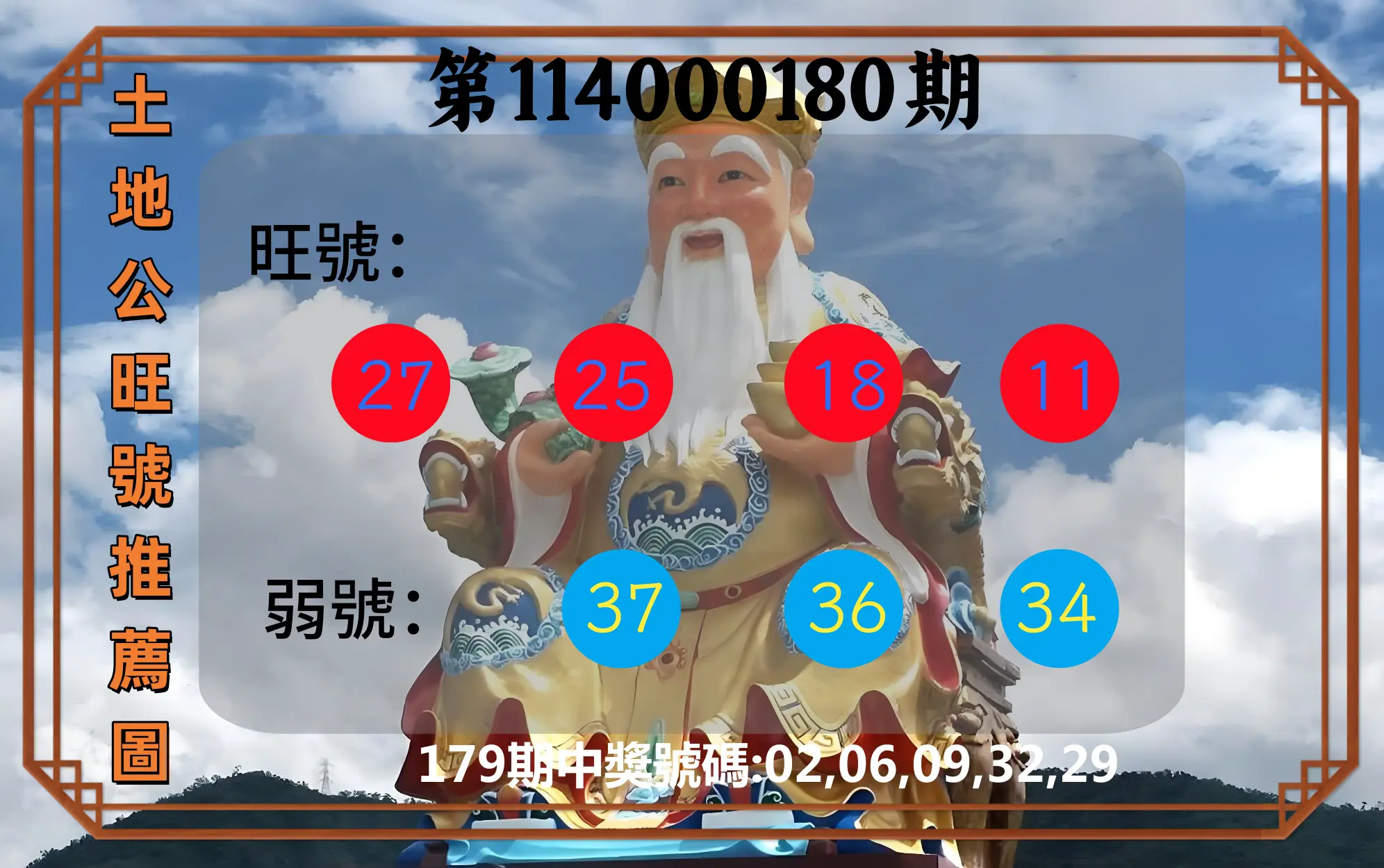 今彩539第114000180期(07/25)土地公旺號推薦圖