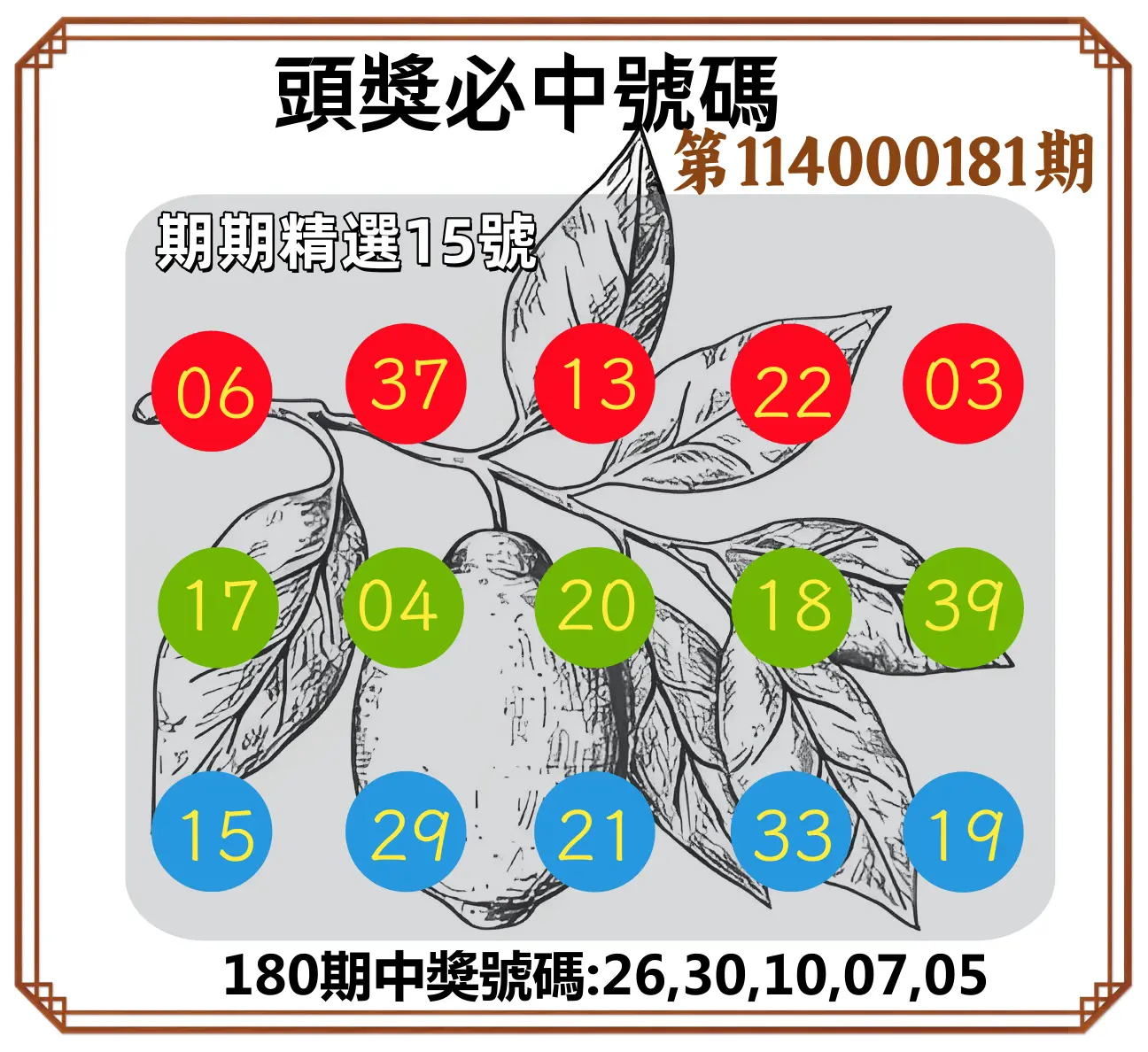 今彩539第114000181期(07/26)頭獎號碼