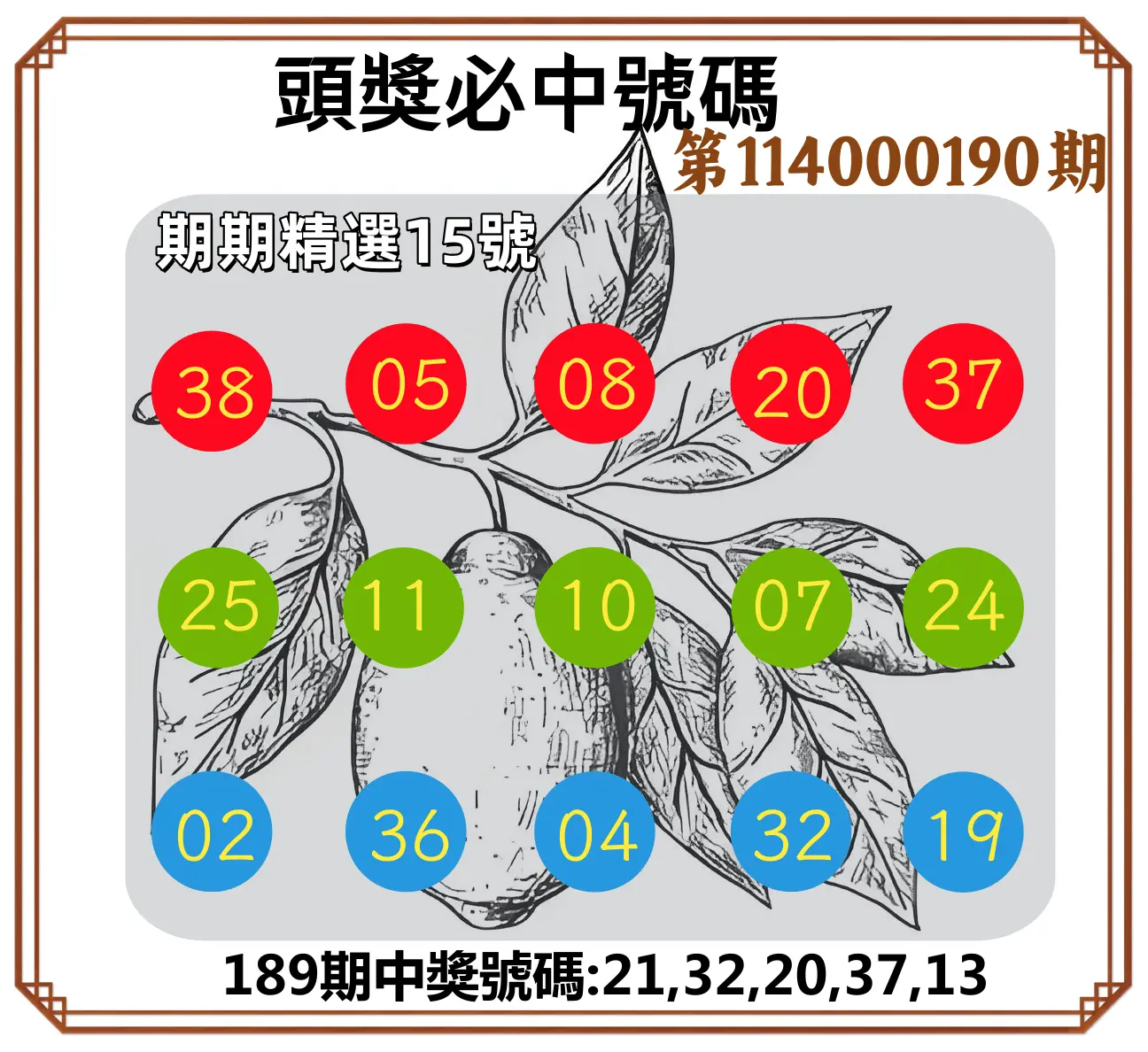 今彩539第114000190期(08/06)頭獎號碼