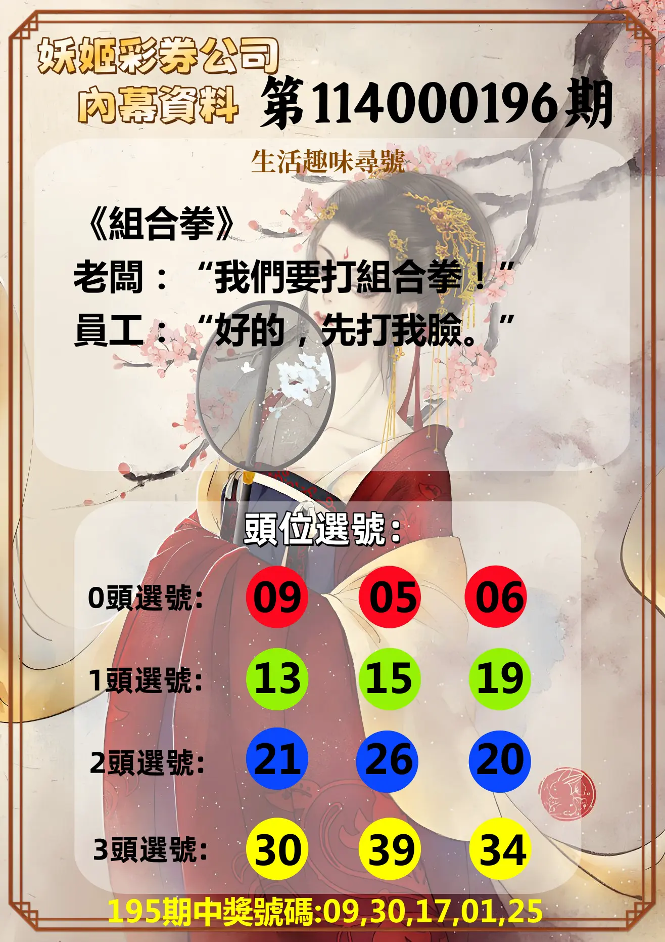今彩539第114000196期(08/13)妖姬彩券公司內幕資料