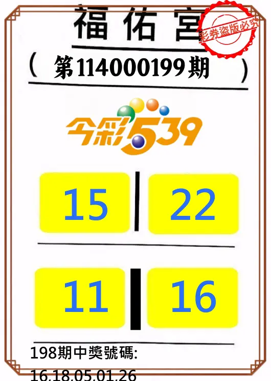 今彩539第114000199期(08/16)正版今彩539福佑宮牌號