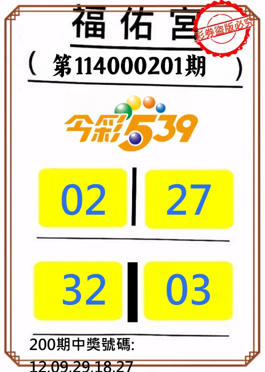 今彩539第114000201期(08/19)正版今彩539福佑宮牌號