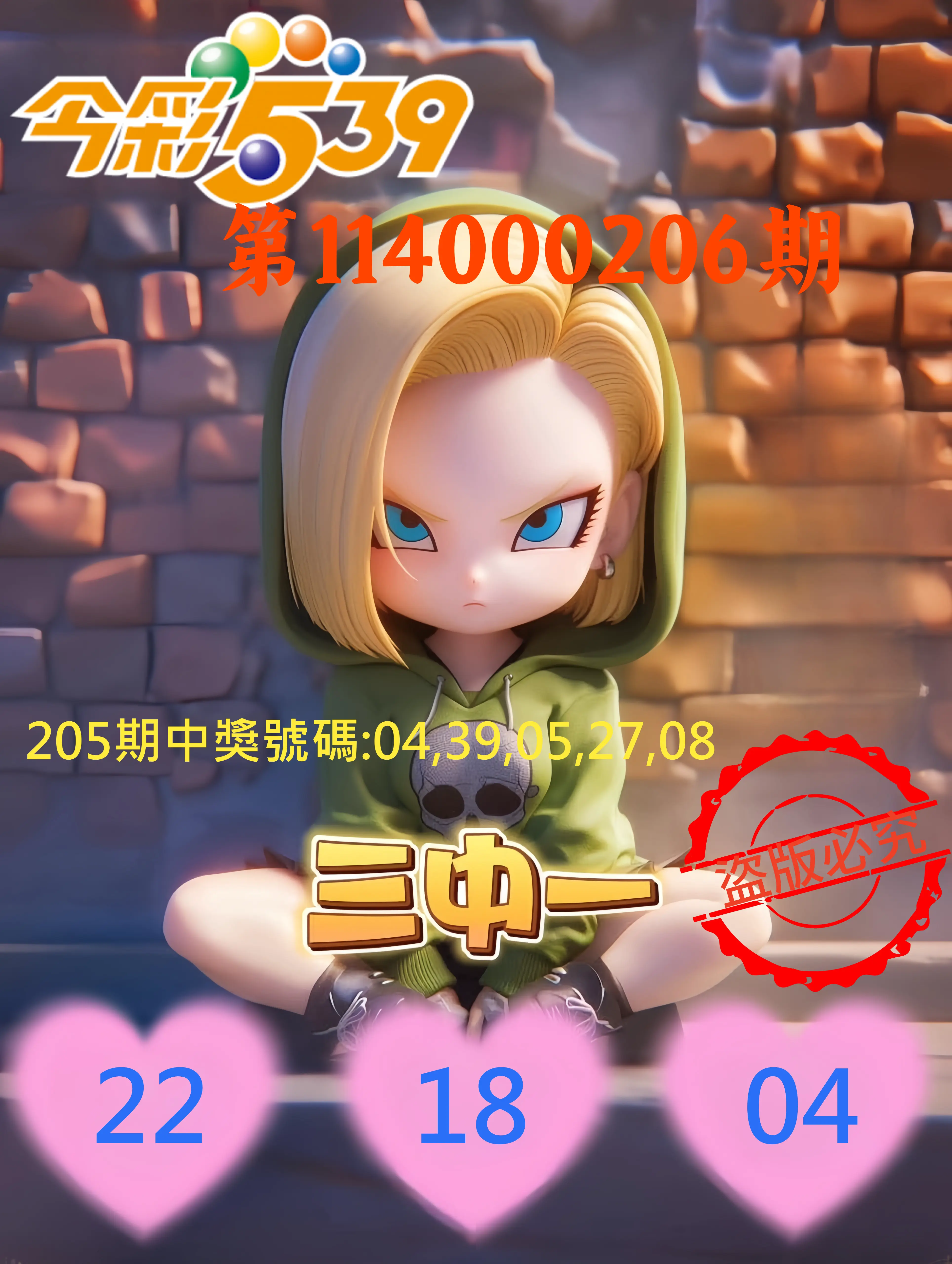今彩539第114000206期(08/25)今彩539孫恩淑三中壹牌號