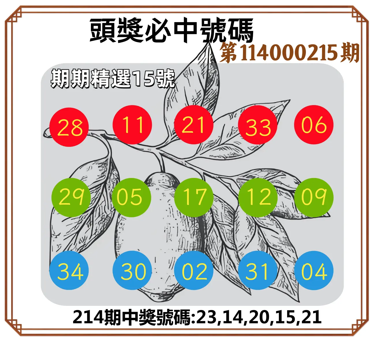 今彩539第114000215期(09/04)頭獎號碼