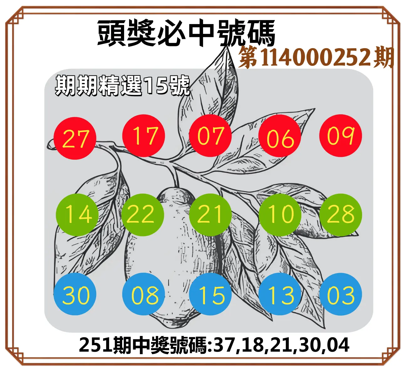 今彩539第114000252期(10/17)頭獎號碼