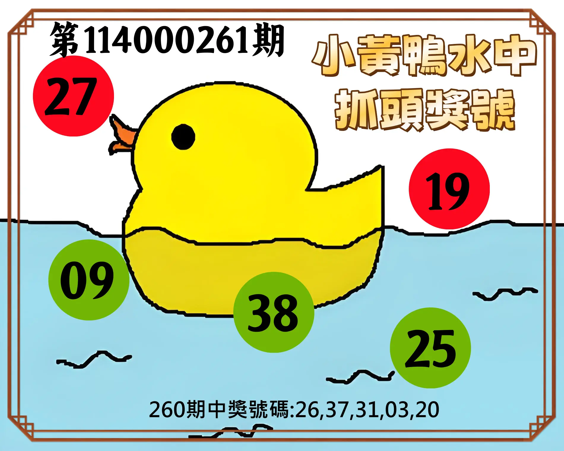 今彩539第114000261期(10/28)小黃鴨水中抓頭獎號