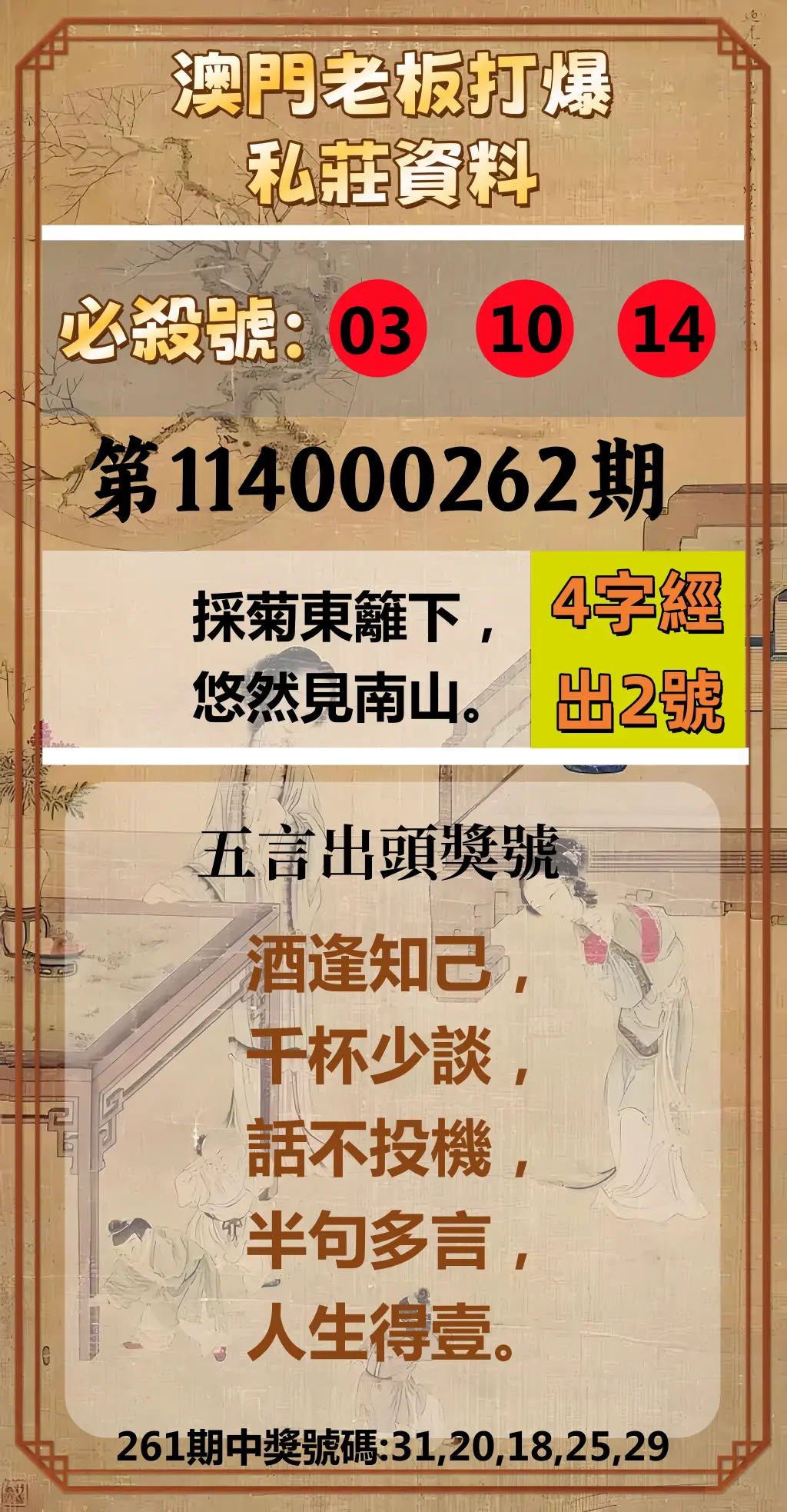 今彩539第114000262期(10/29)澳門老板打爆私莊資料
