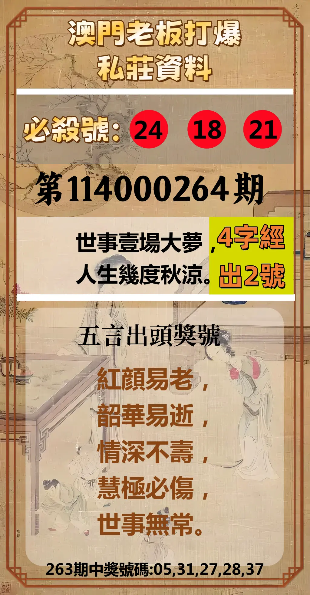 今彩539第114000264期(10/31)澳門老板打爆私莊資料