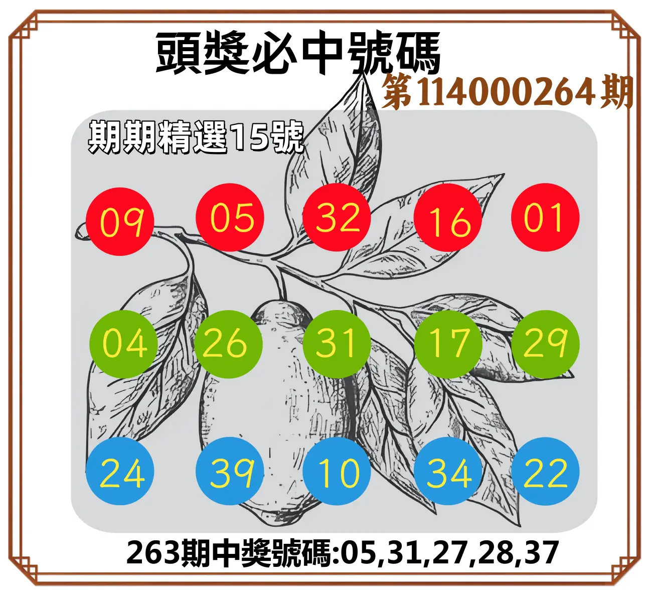 今彩539第114000264期(10/31)頭獎號碼