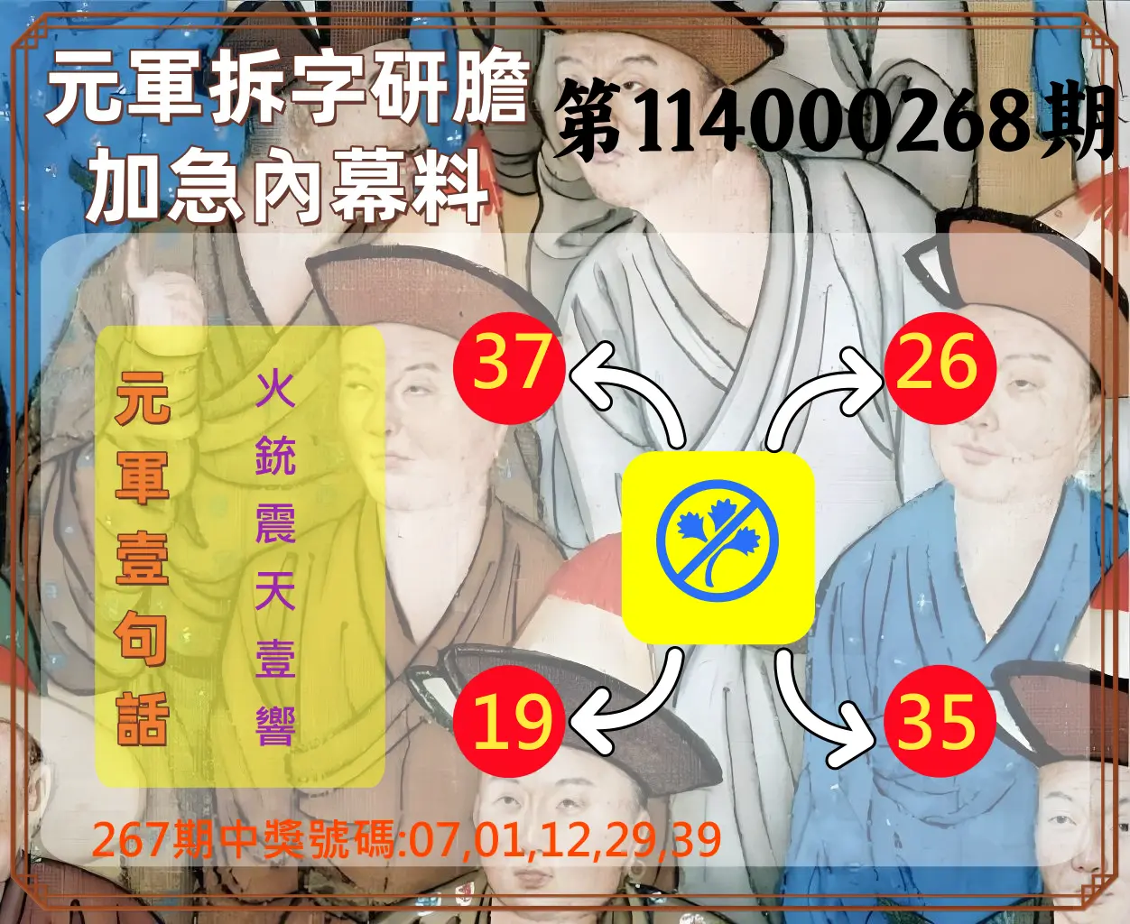 今彩539第114000268期(11/05)元軍拆字研膽加急內幕料