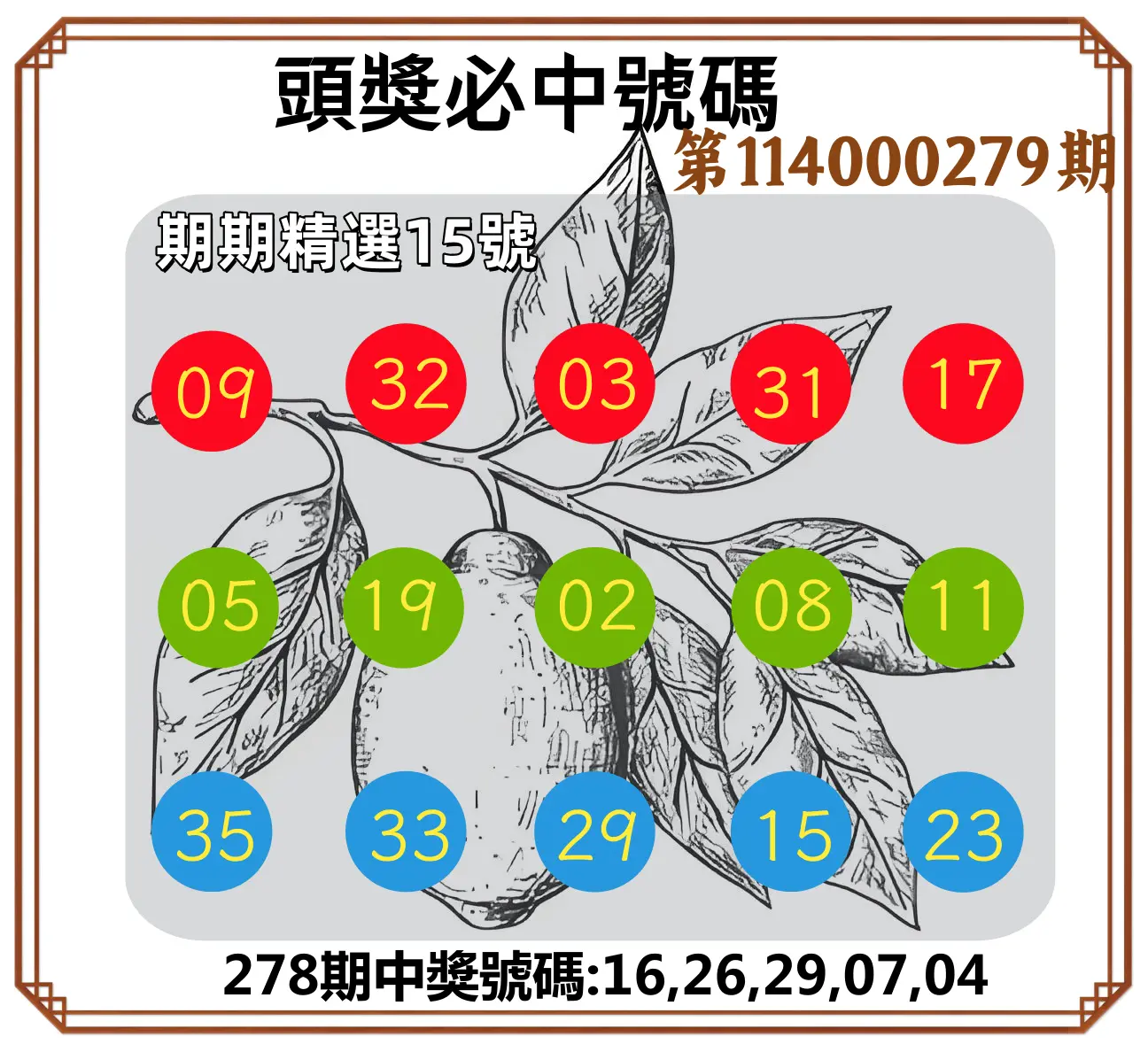 今彩539第114000279期(11/18)頭獎號碼