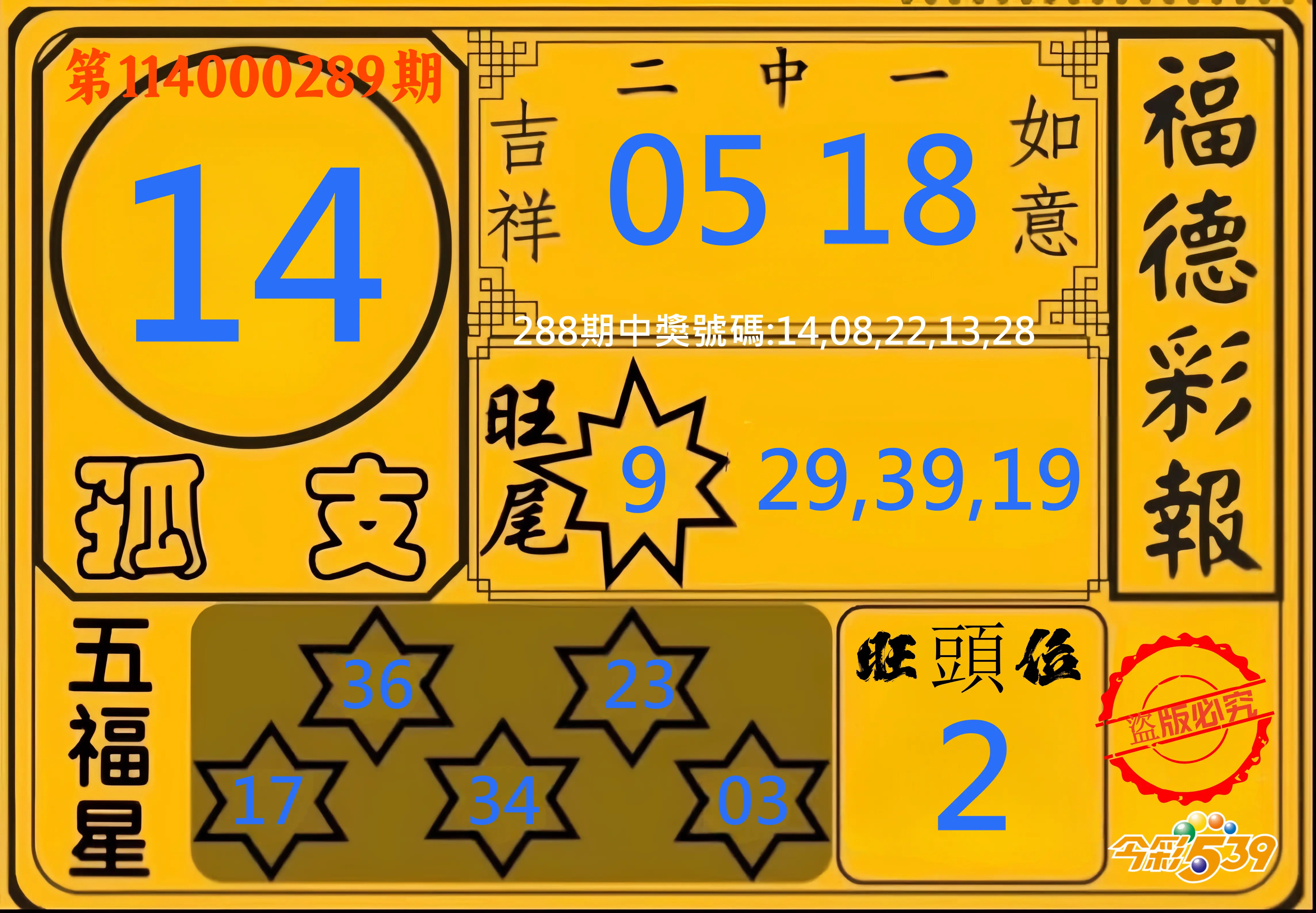 今彩539第114000289期(11/29)今彩539德福彩報牌預測