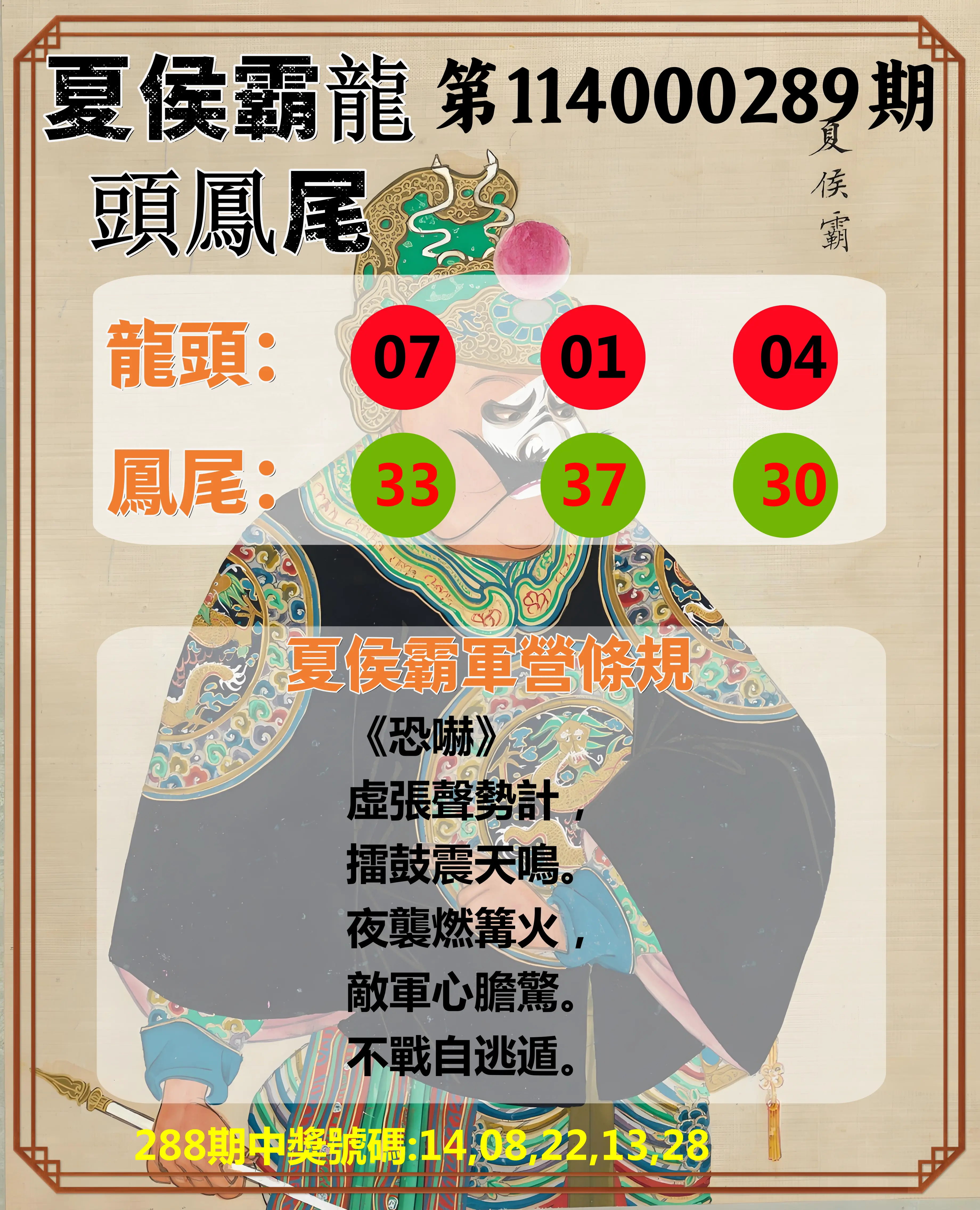 今彩539第114000289期(11/29)夏侯霸龍頭鳳尾