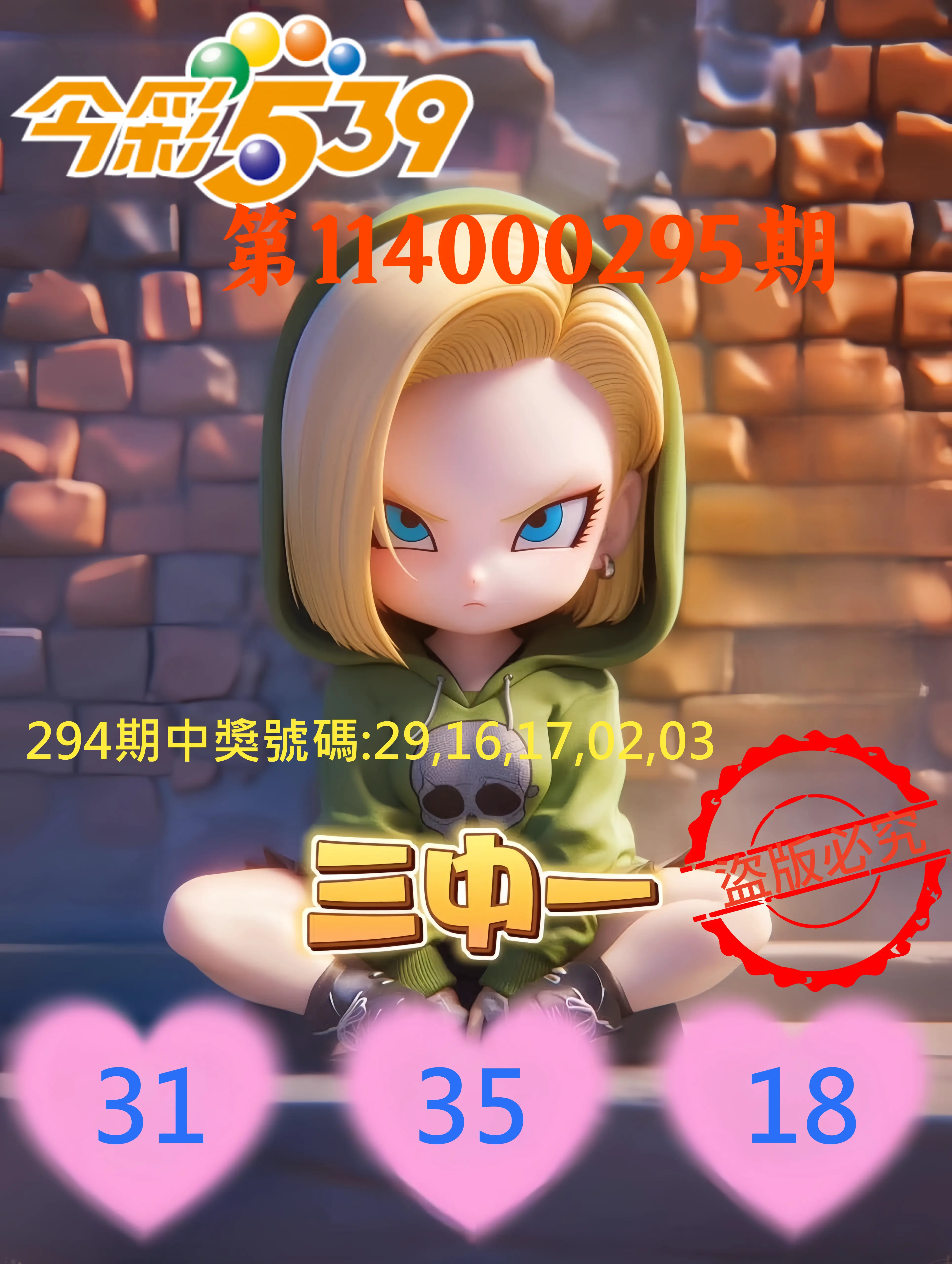 今彩539第114000295期(12/06)今彩539孫恩淑三中壹牌號